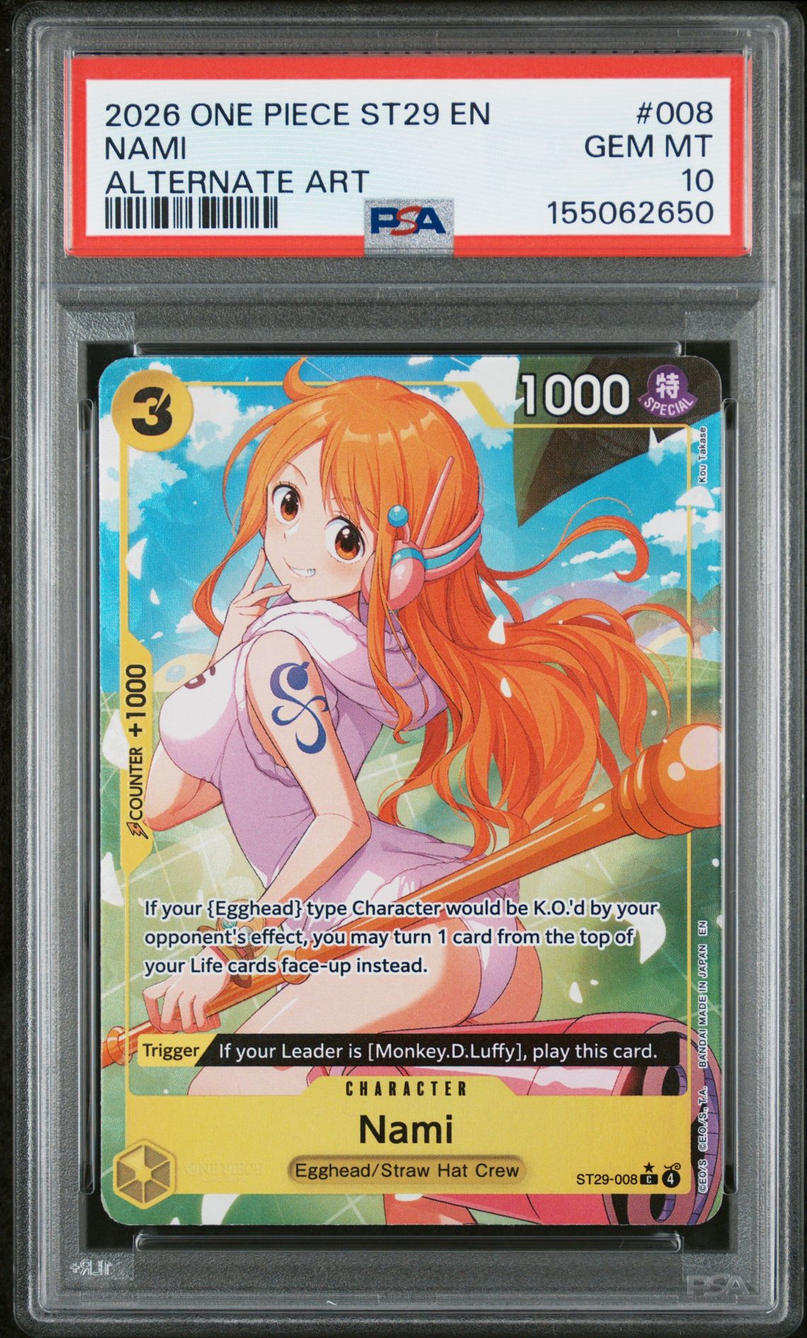 2026 One Piece Starter Deck St29-Egghead Nami #008 (Alternate Art) Gem Mt 10 front view - PSA graded GEM MT 10
