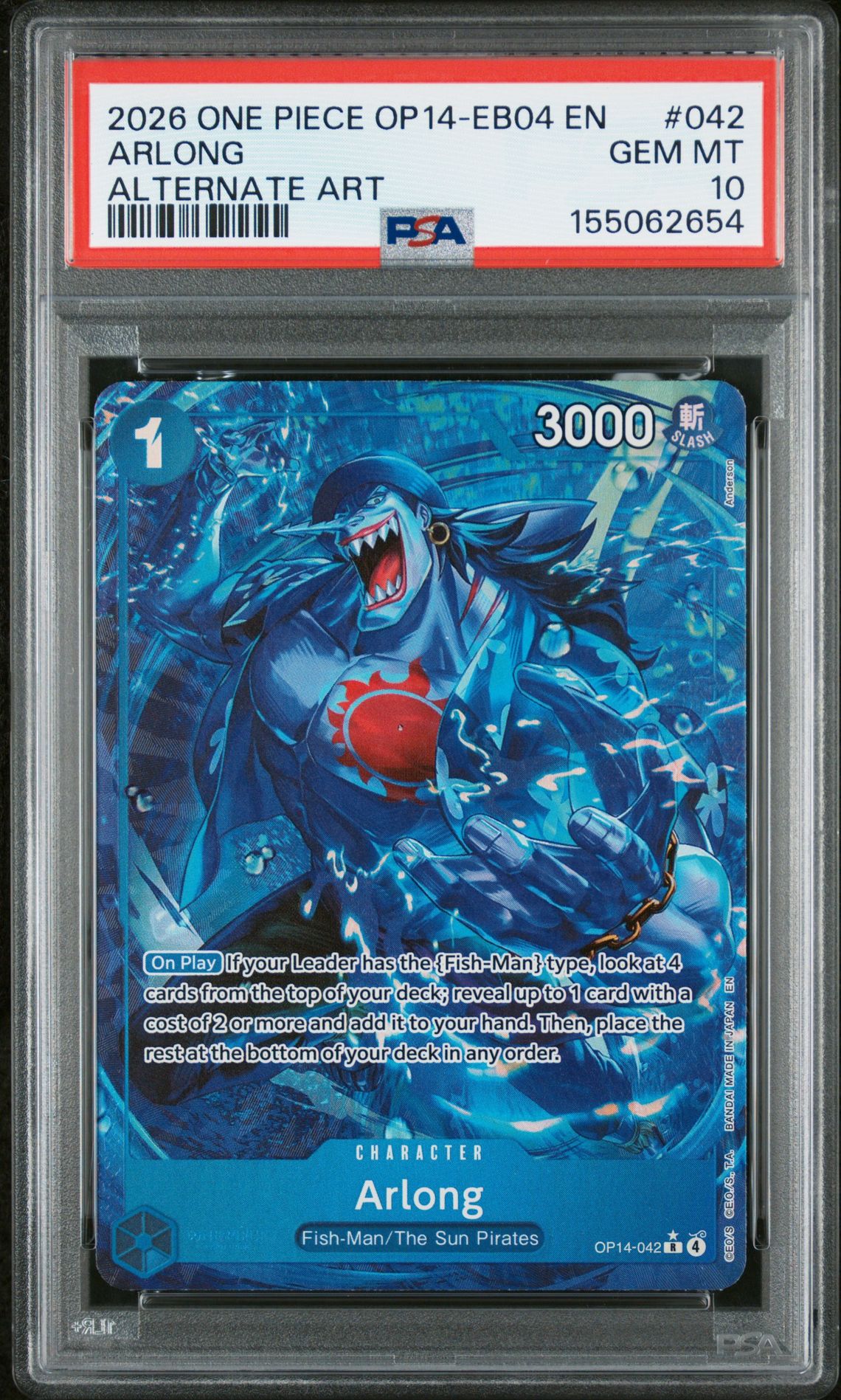 2026 One Piece Op14-Eb04-The Azure Sea's Seven Arlong #042 (Alternate Art) Gem Mt 10 front view - PSA graded GEM MT 10