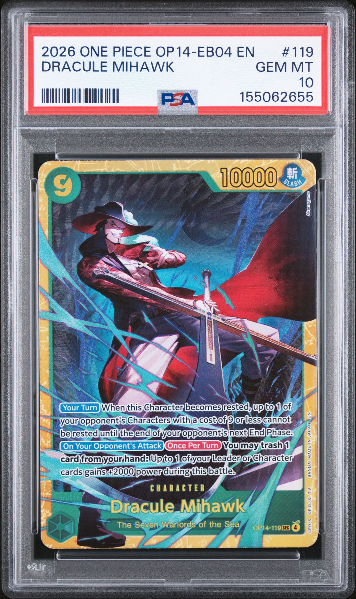 2026 One Piece Op14-Eb04-The Azure Sea's Seven Dracule Mihawk #119 Gem Mt 10 front