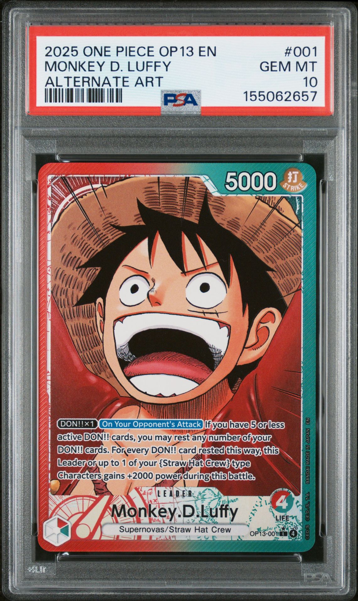 2025 One Piece Op13-Carrying On His Will Monkey D. Luffy #001 (Alternate Art) Gem Mt 10 front