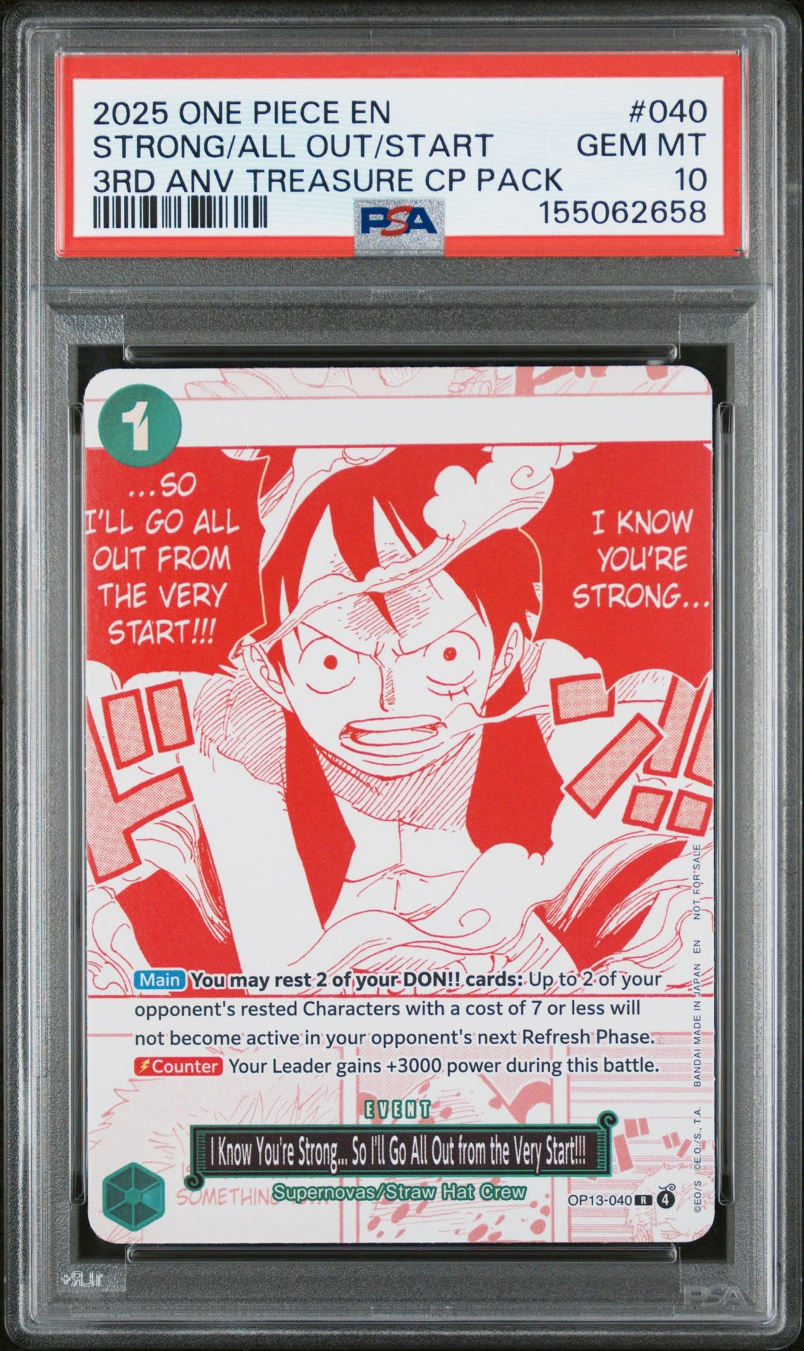 2025 One Piece 3Rd Anniversary! One Piece Card Treasure Campaign Pack Strong/All Out/Start #040 Gem Mt 10 front