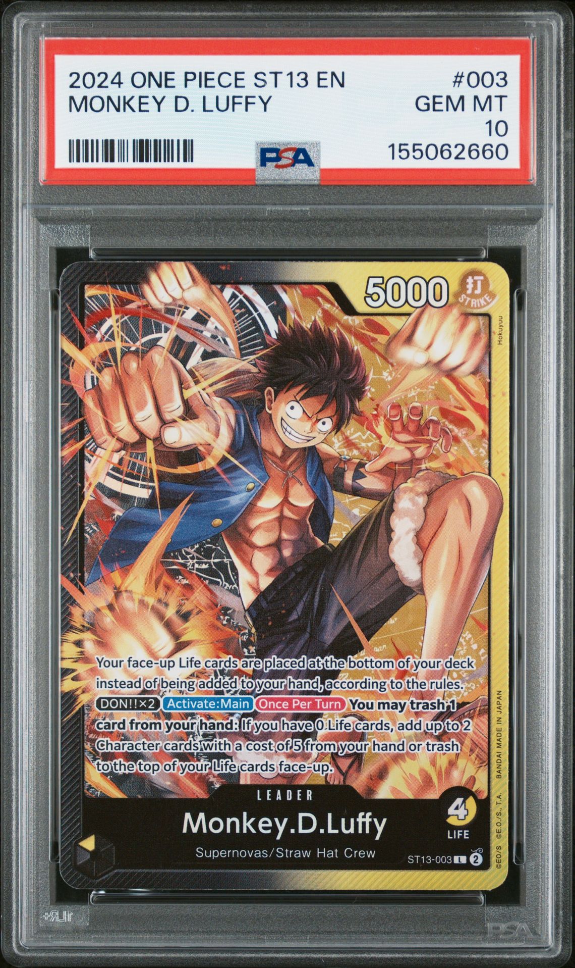 2024 One Piece Ultra Deck St13-The Three Brothers Monkey D. Luffy #003 Gem Mt 10 front view - PSA graded GEM MT 10