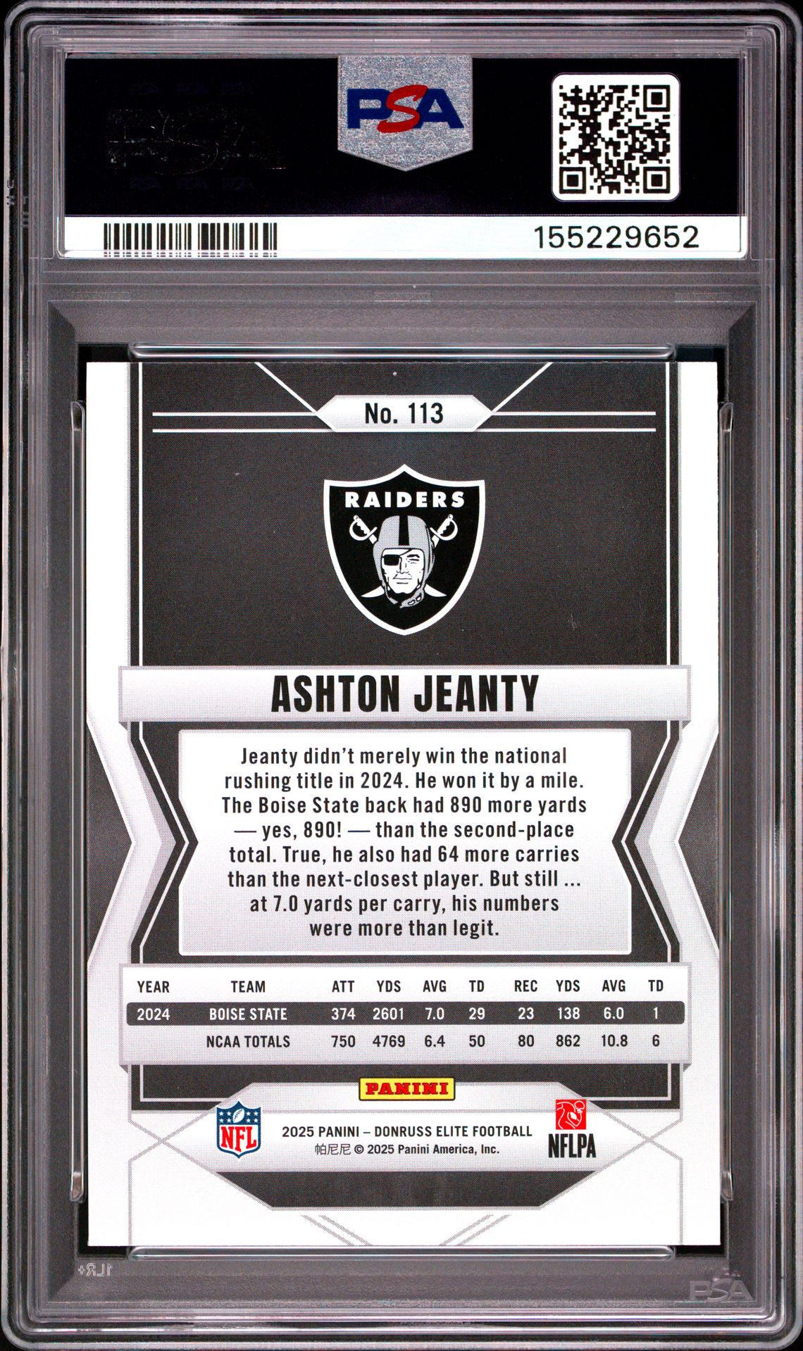 2025 Panini Donruss Elite Ashton Jeanty #113 (Pink) Nm-Mt 8 back