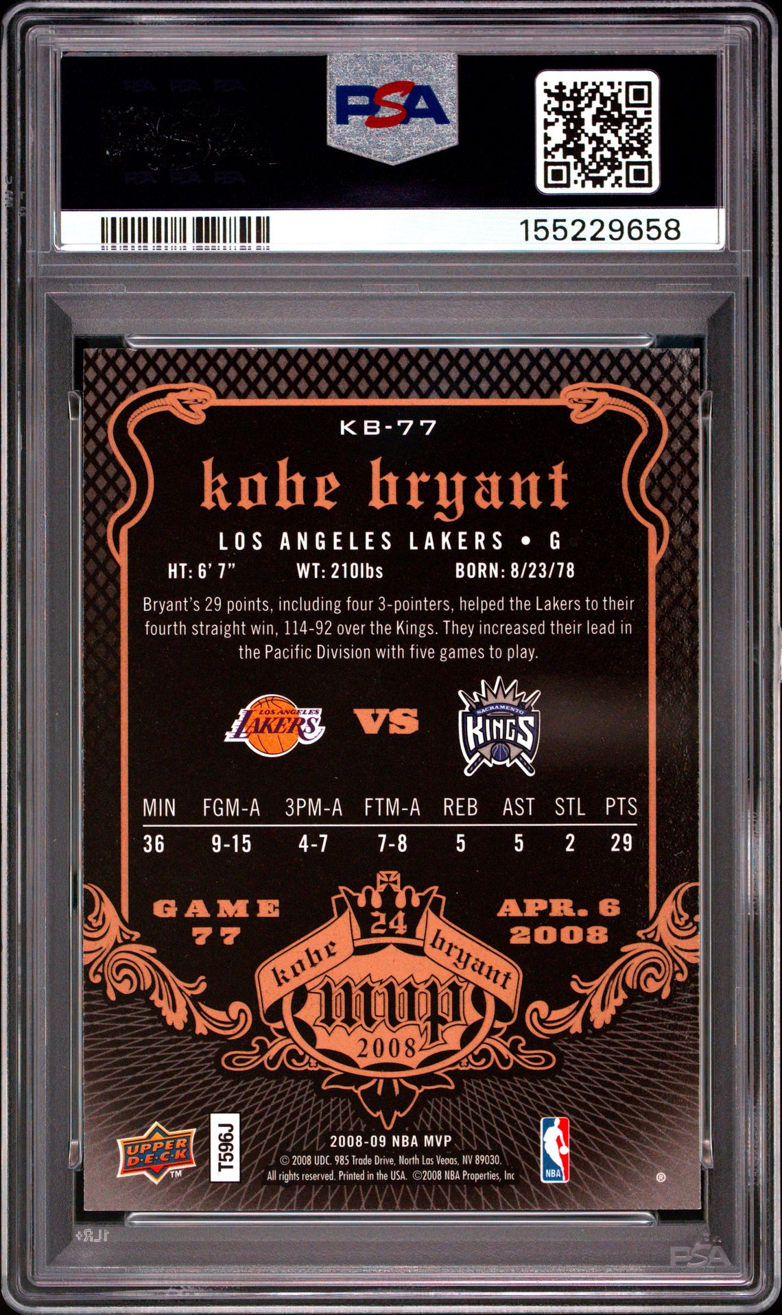 2008 Upper Deck Mvp Kobe Mvp Kobe Bryant #77 (Kobe Mvp) Nm-Mt 8 back