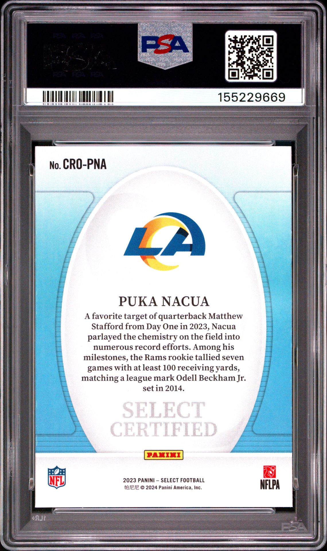 2023 Panini Select Select Certified Rookies Puka Nacua #Cropna Mint 9 back
