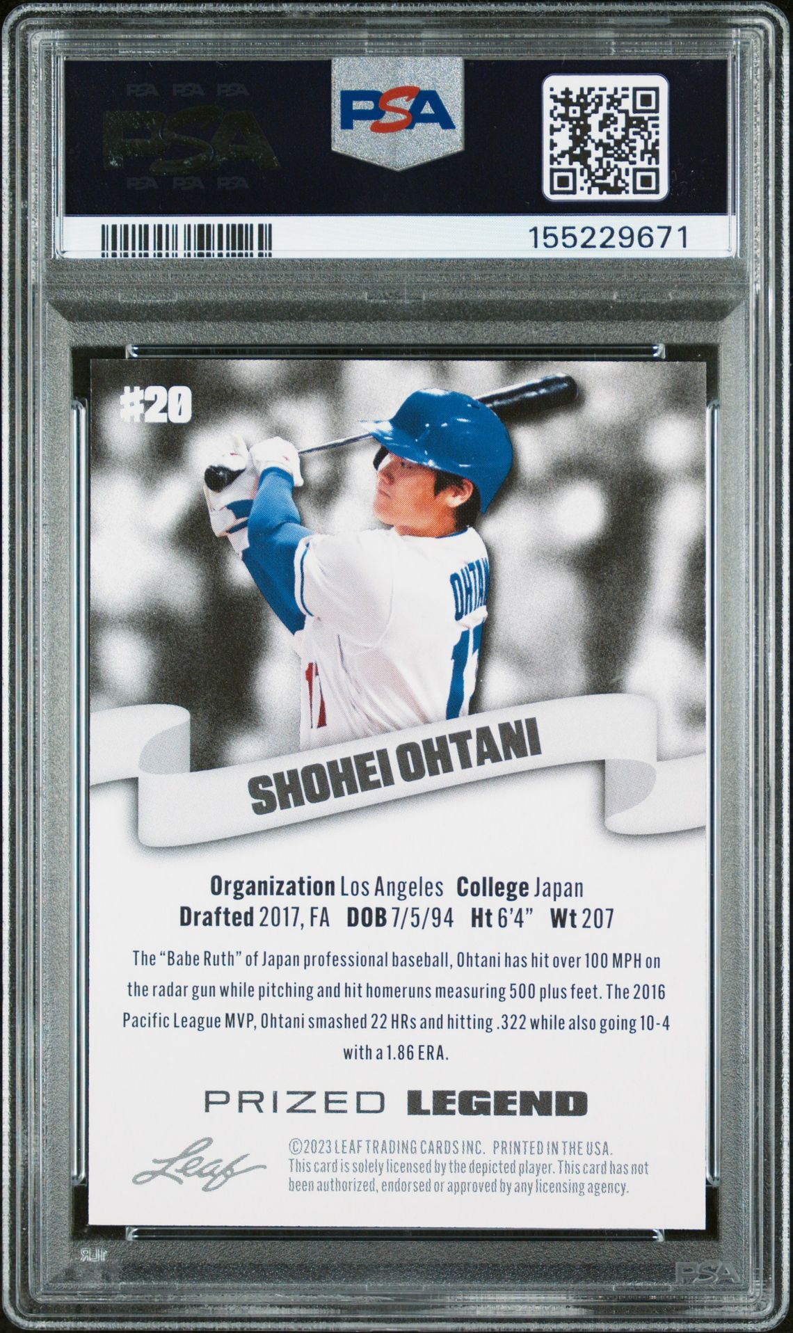 2023 Leaf Special Release Prized Legend Shohei Ohtani #20 Mint 9 back