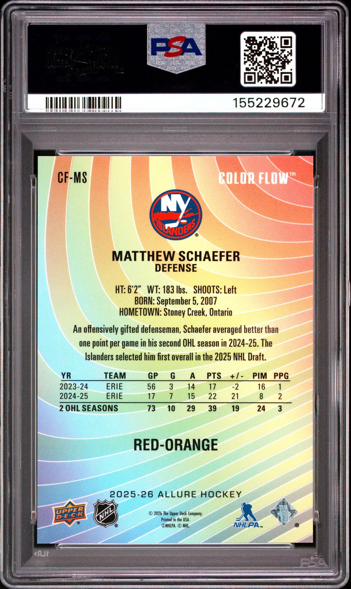 2025 Upper Deck Allure Color Flow Matthew Schaefer #Cf-Ms (Color Flow-Red-Orange) Gem Mt 10 back