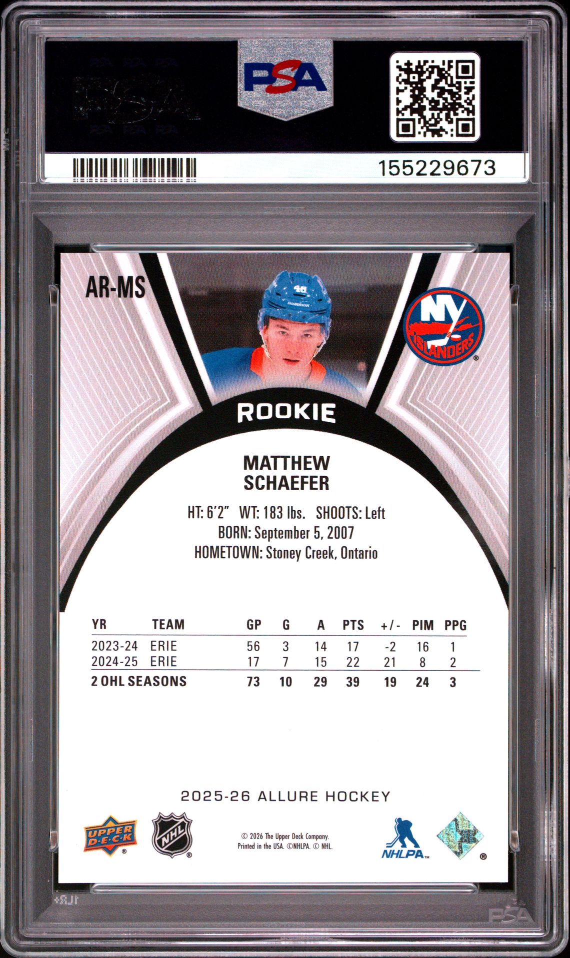 2025 Upper Deck Allure Extended Rookies Matthew Schaefer #Ar-Ms Gem Mt 10 back