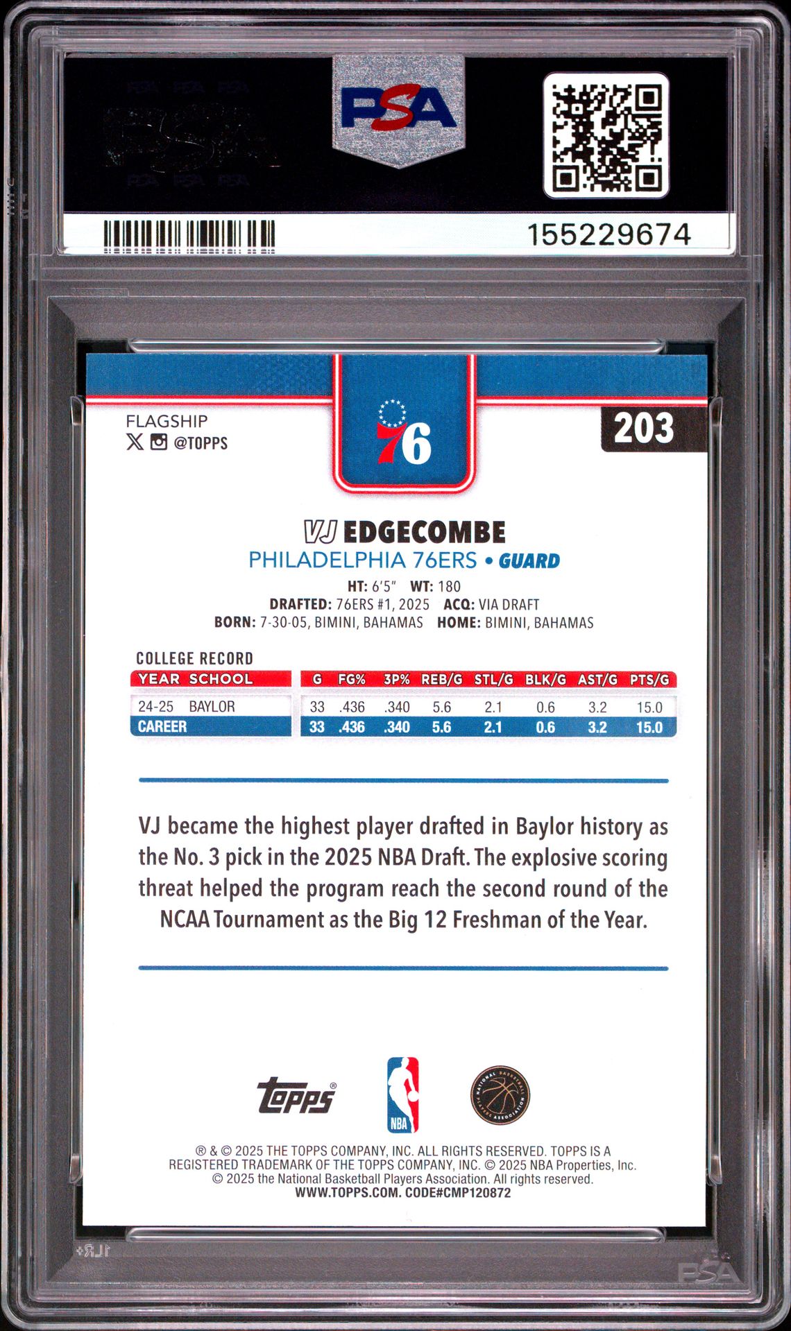 2025 Topps Vj Edgecombe #203 Gem Mt 10 back