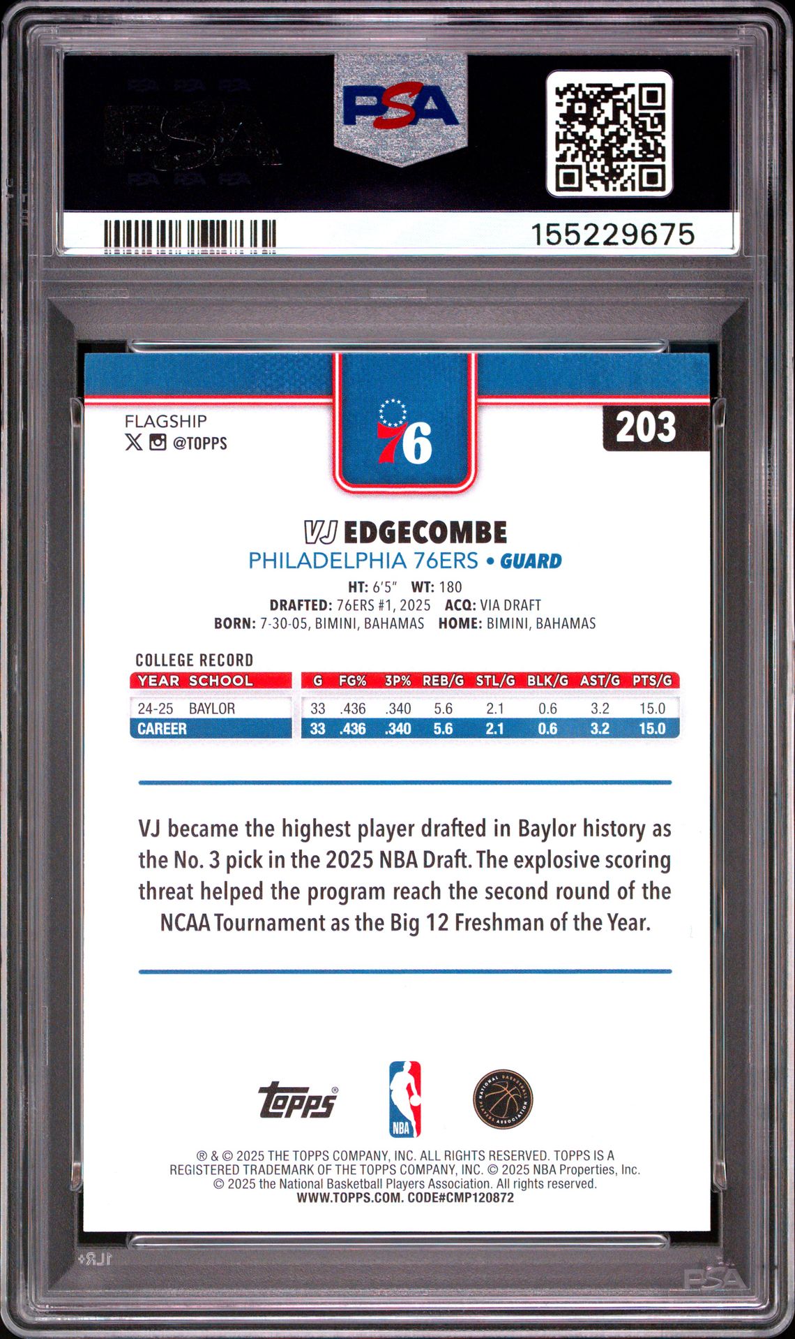 2025 Topps Vj Edgecombe #203 Mint 9 back