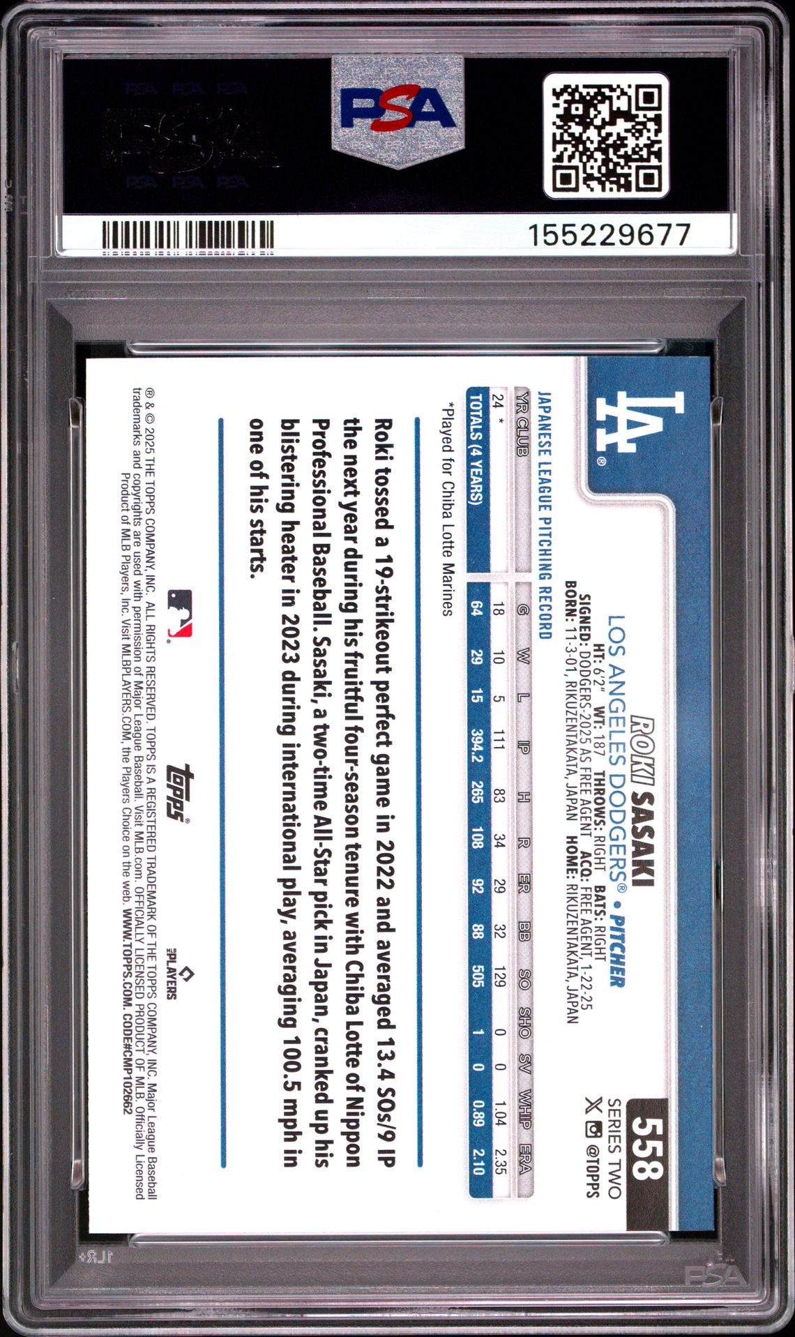 2025 Topps Roki Sasaki #558 Gem Mt 10 back