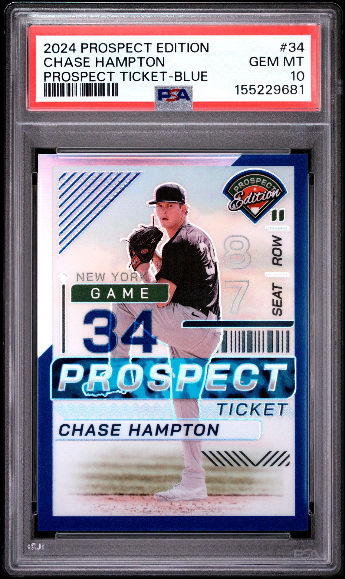 2024 Panini Prospect Edition Prospect Ticket Chase Hampton #34 (Prospect Ticket-Blue) Gem Mt 10 front view - PSA graded GEM MT 10