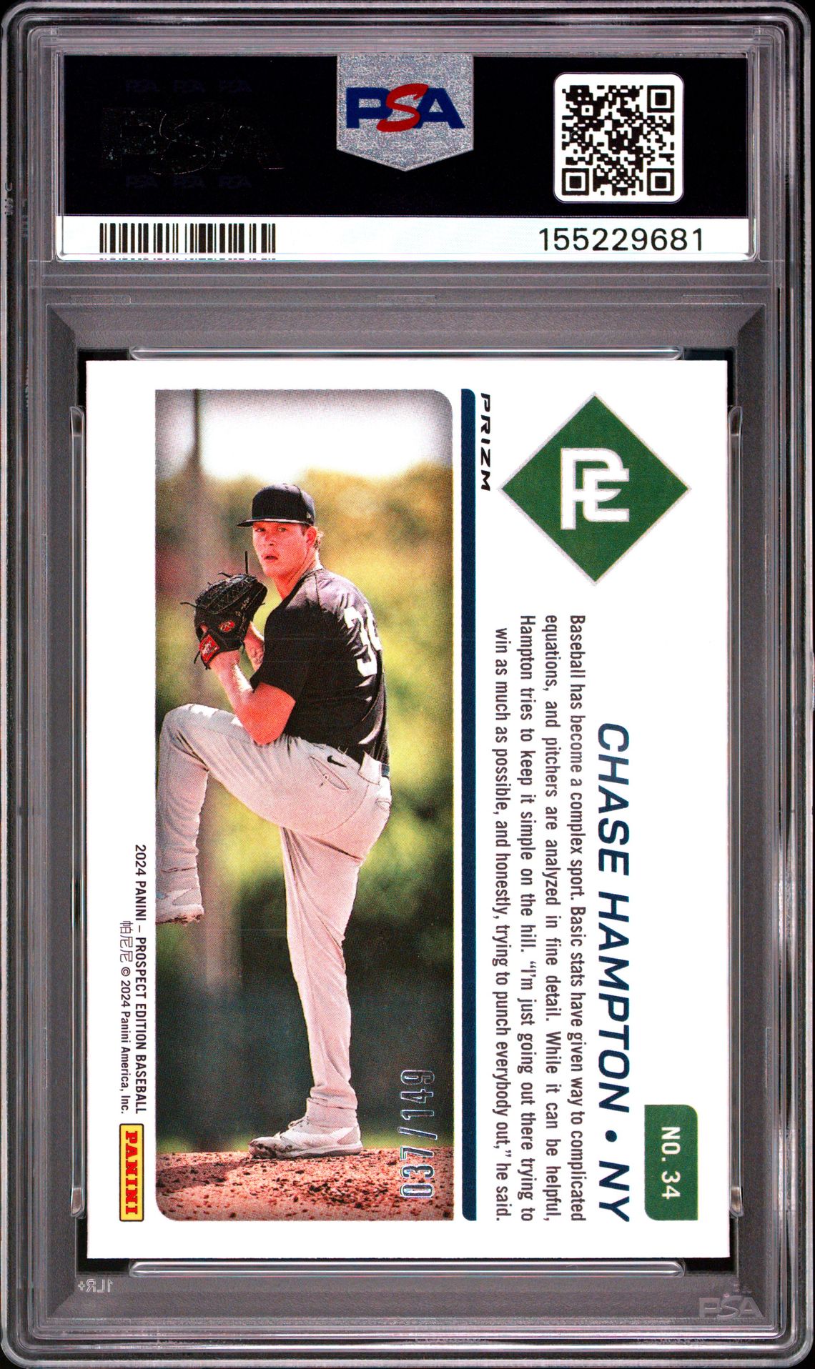 2024 Panini Prospect Edition Prospect Ticket Chase Hampton #34 (Prospect Ticket-Blue) Gem Mt 10 back view - PSA certificate #155229681