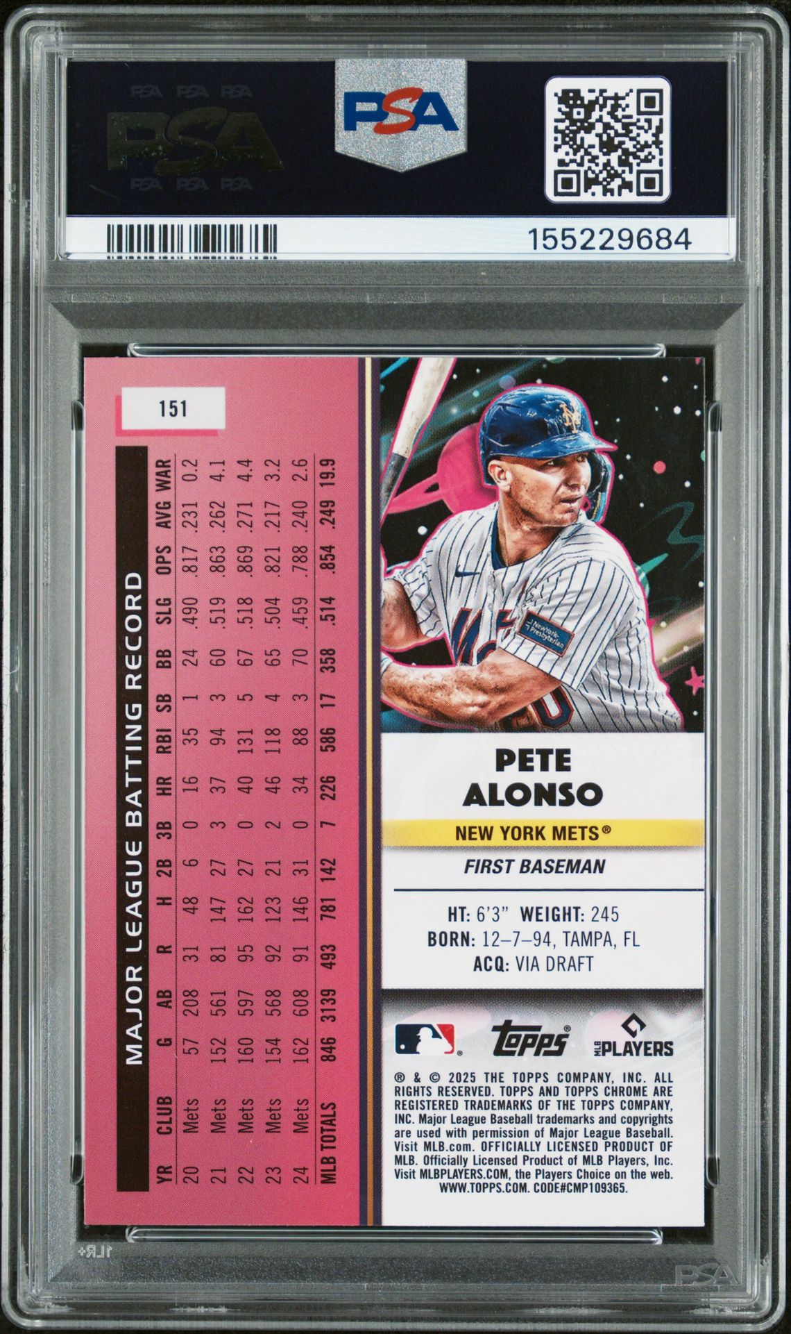 2025 Topps Cosmic Chrome Pete Alonso #151 (Nucleus) Gem Mt 10 back view - PSA certificate #155229684