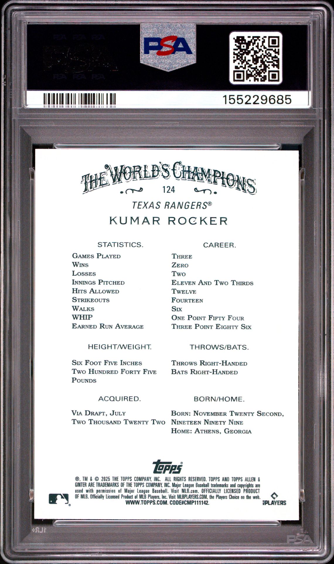 2025 Topps Allen & Ginter Kumar Rocker #124 (Chrome-X-Fractor) Gem Mt 10 back view - PSA certificate #155229685