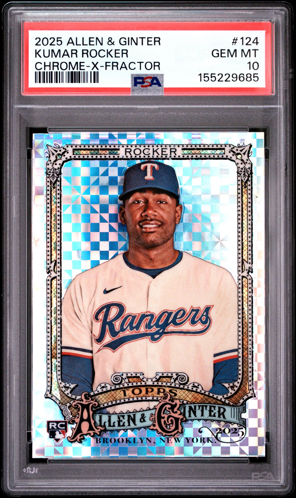 2025 Topps Allen & Ginter Kumar Rocker #124 (Chrome-X-Fractor) Gem Mt 10 front view - PSA graded GEM MT 10
