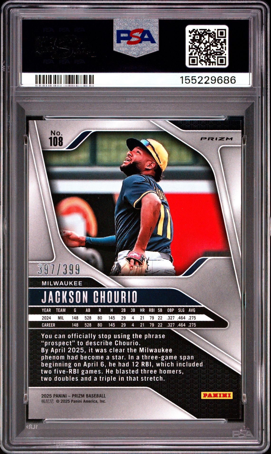 2025 Panini Prizm Jackson Chourio #108 (Red Pulsar) Gem Mt 10 back