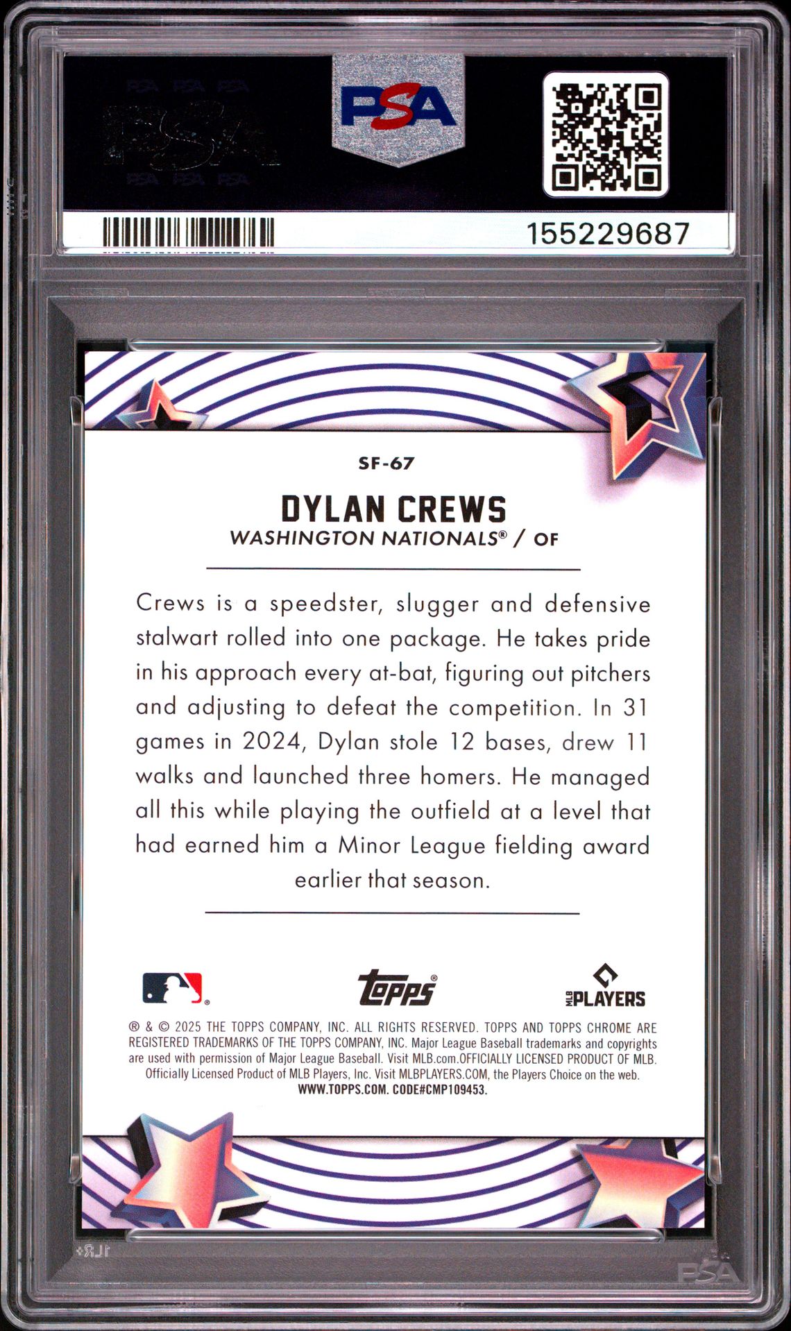 2025 Topps Cosmic Chrome Starfractor Dylan Crews #67 Gem Mt 10 back view - PSA certificate #155229687