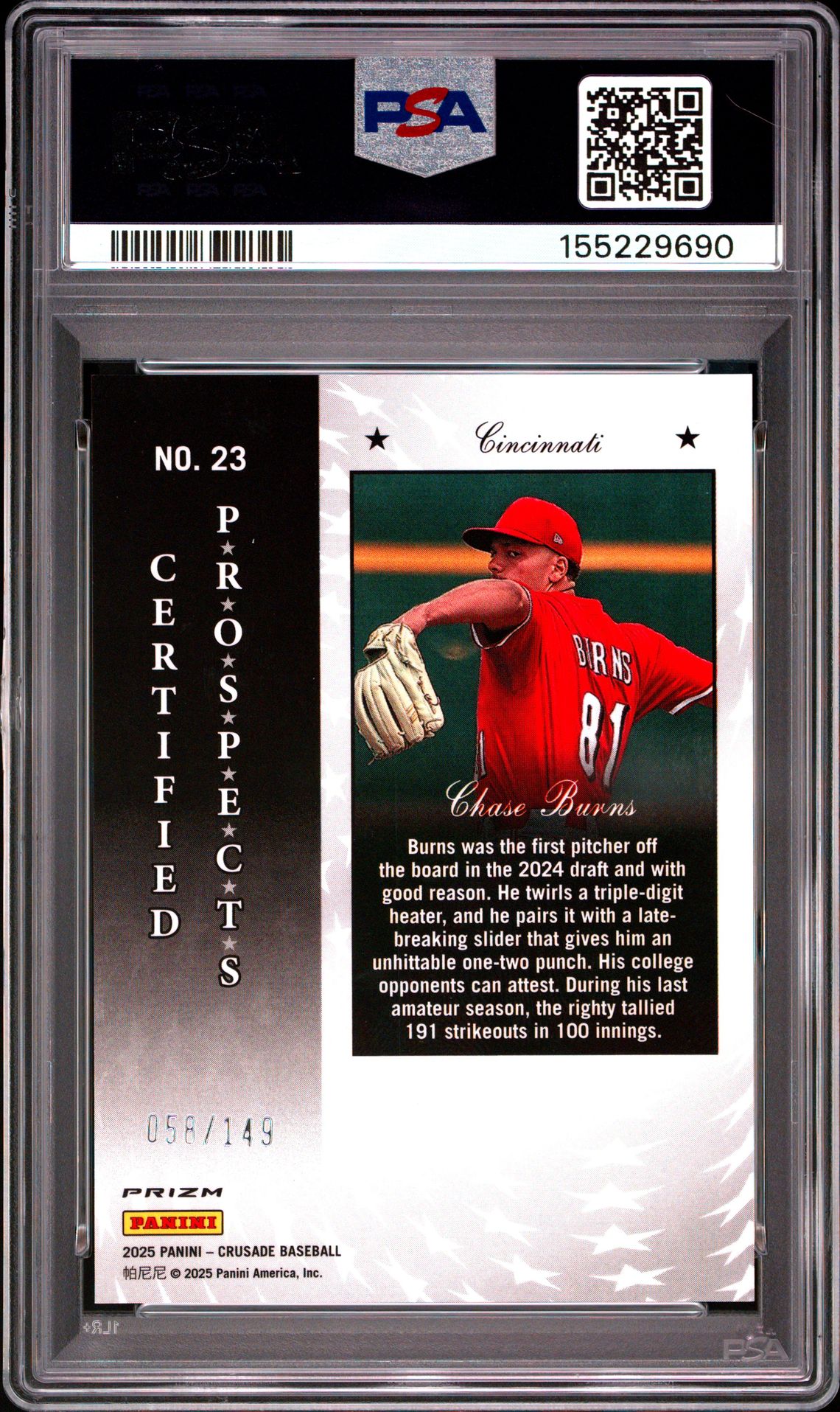 2025 Panini Crusade Certified Prospects Chase Burns #23 (Certified Prospects-Purple) Gem Mt 10 back view - PSA certificate #155229690