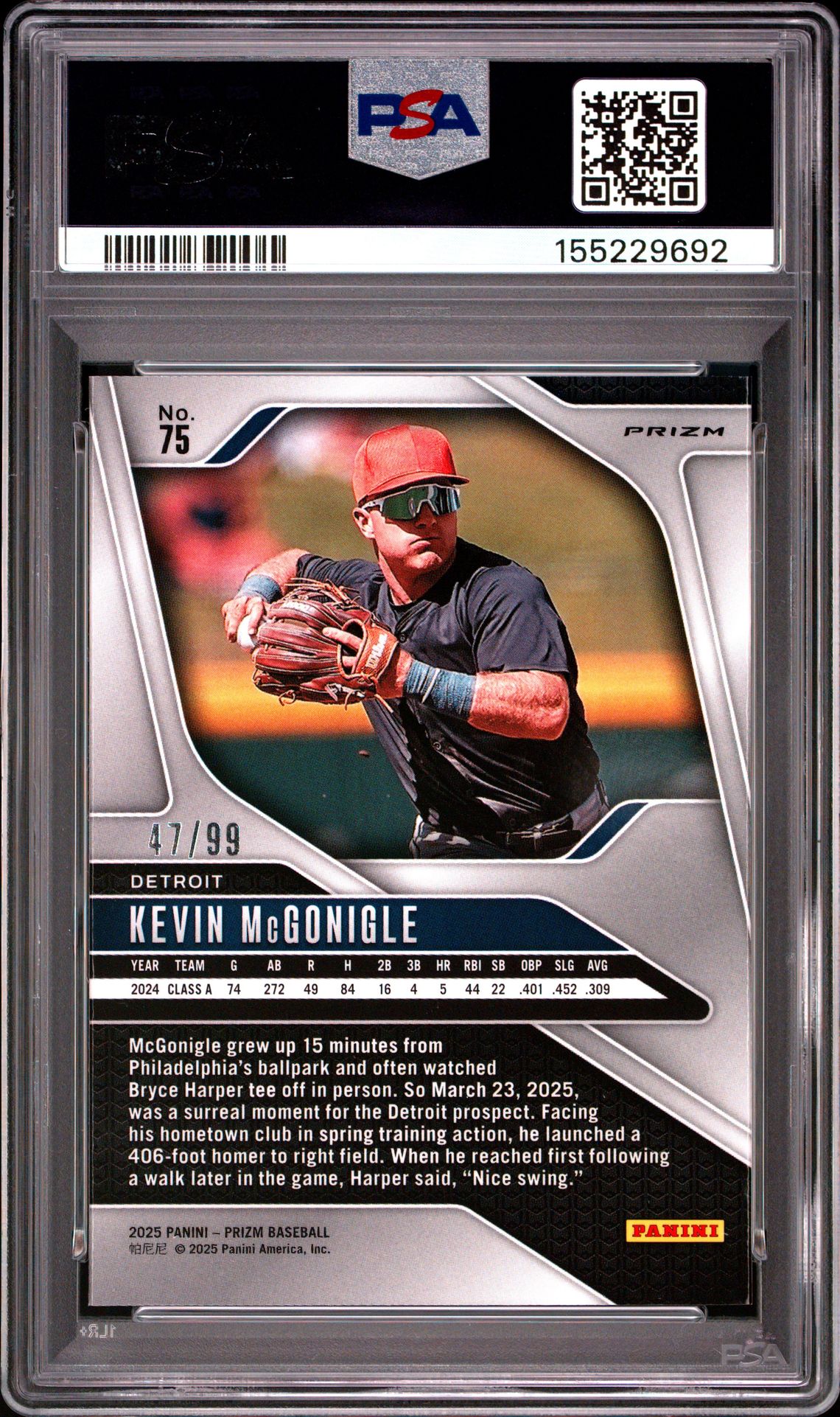 2025 Panini Prizm Kevin Mcgonigle #75 (Red Power) Gem Mt 10 back view - PSA certificate #155229692