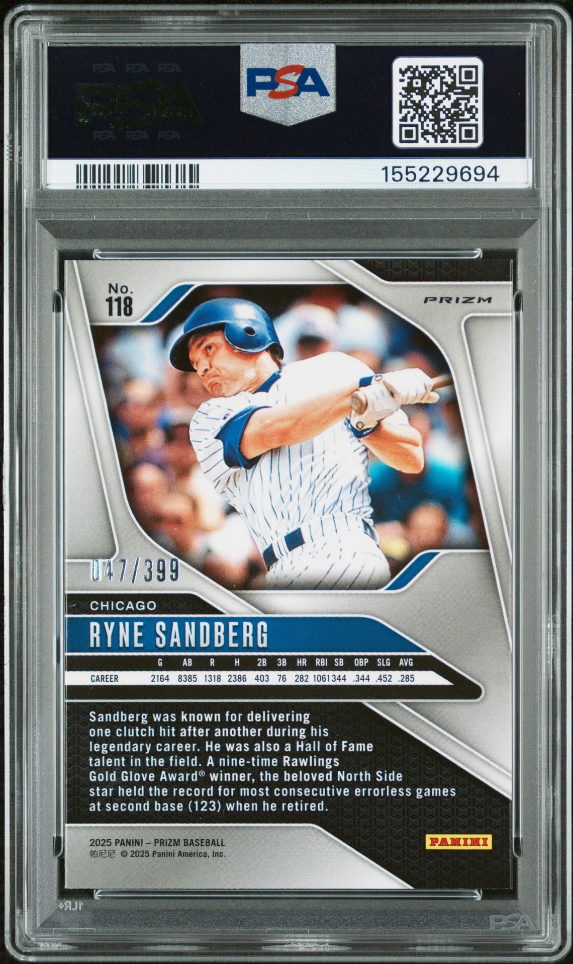 2025 Panini Prizm Ryne Sandberg #118 (Red Pulsar) Gem Mt 10 back view - PSA certificate #155229694