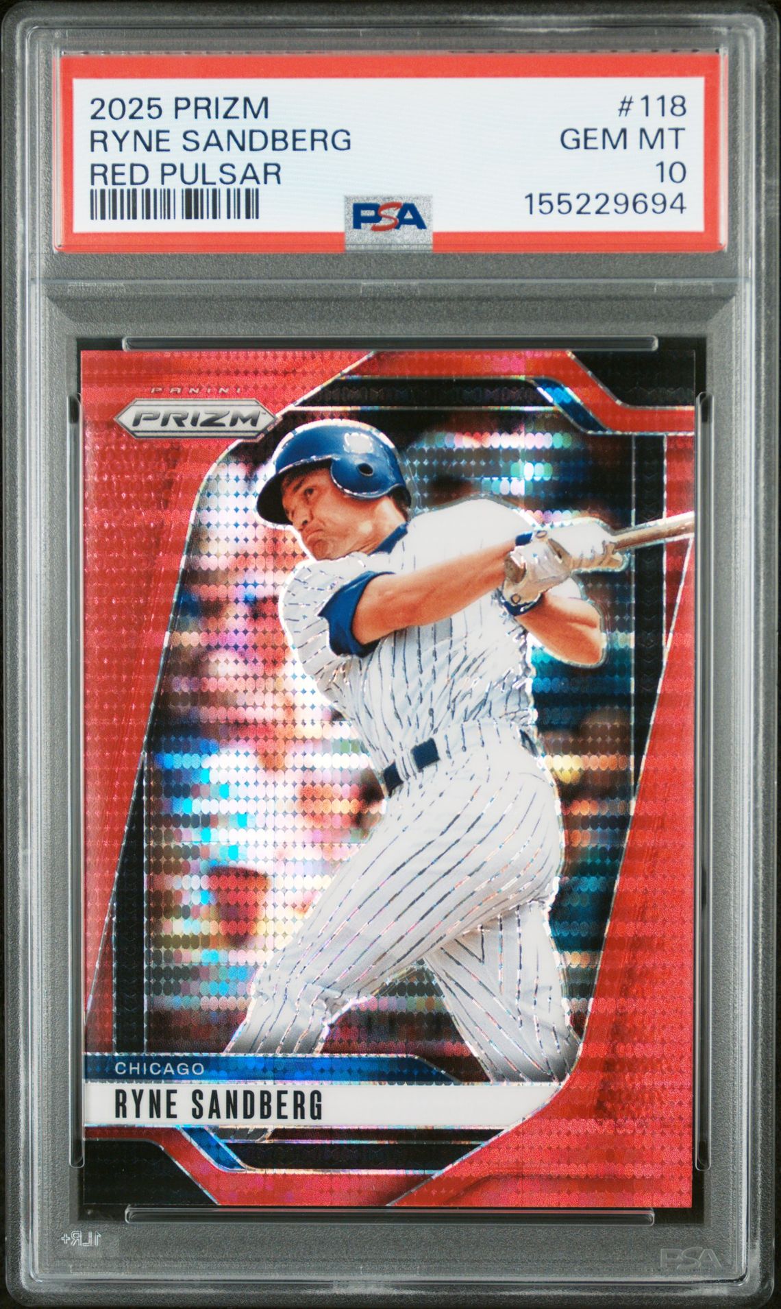 2025 Panini Prizm Ryne Sandberg #118 (Red Pulsar) Gem Mt 10 front view - PSA graded GEM MT 10