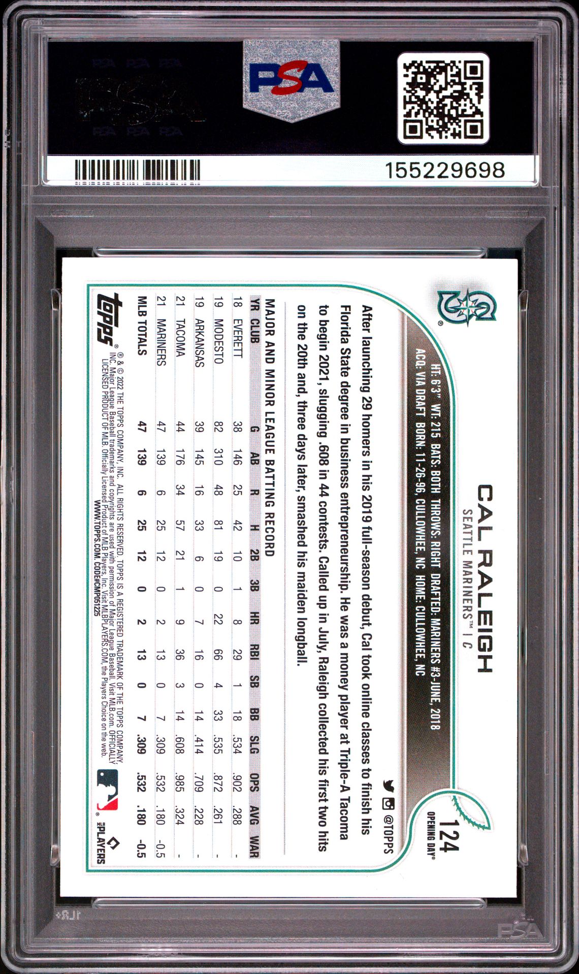 2022 Topps Opening Day Cal Raleigh #124 Gem Mt 10 back view - PSA certificate #155229698