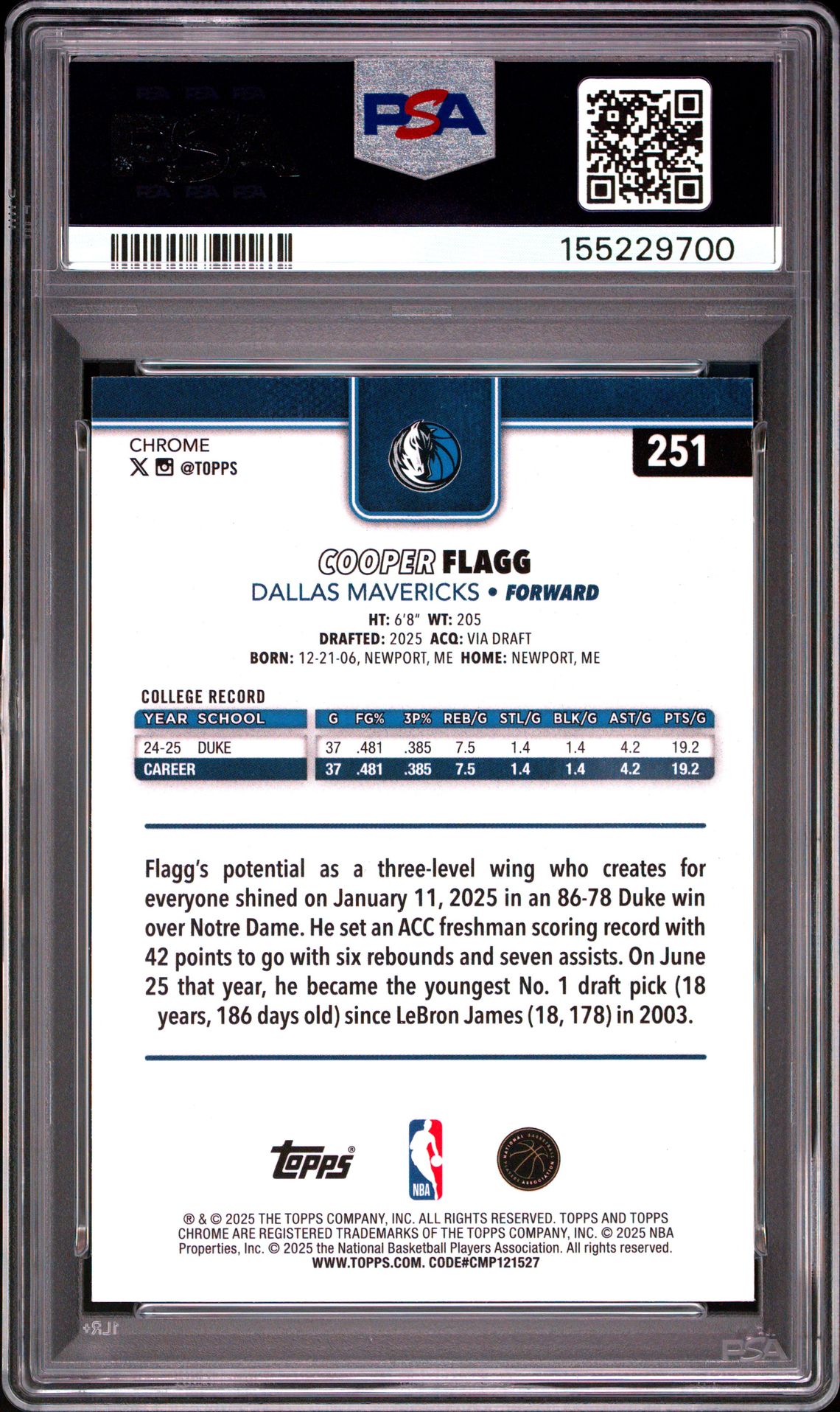 2025 Topps Chrome Cooper Flagg #251 Gem Mt 10 back view - PSA certificate #155229700