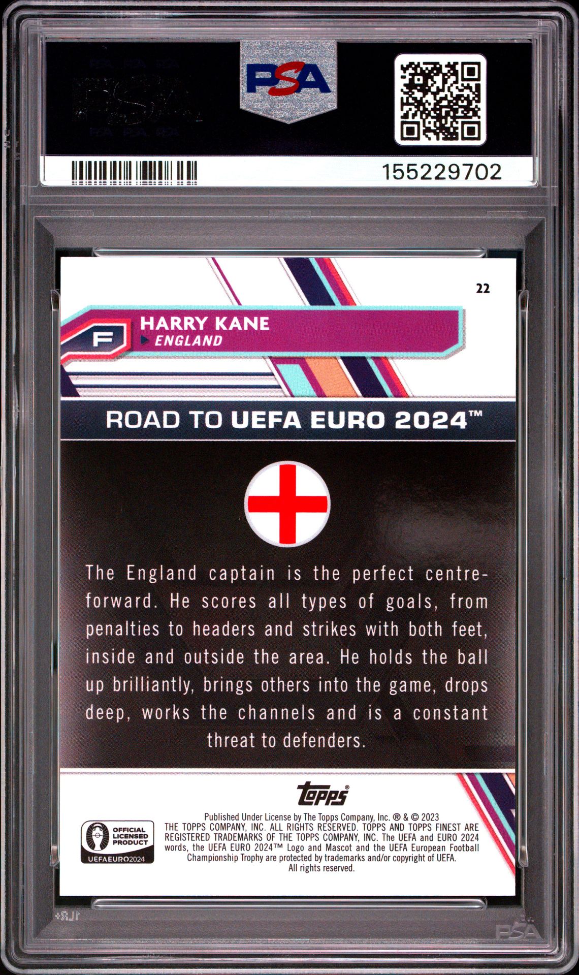 2023 Topps Finest Road To Uefa Euro 2024 Harry Kane #22 (Gold Refractor) Mint 9 back