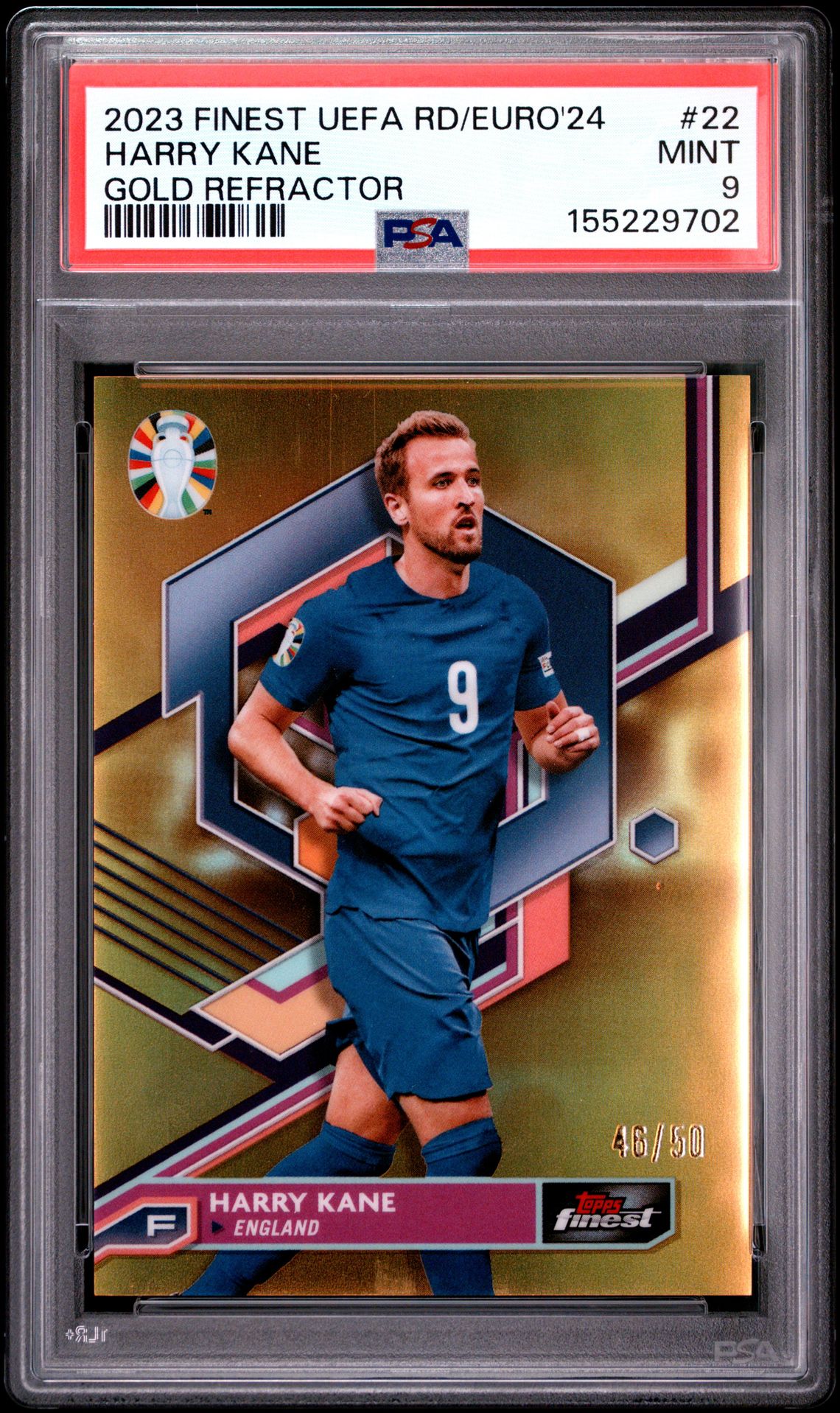 2023 Topps Finest Road To Uefa Euro 2024 Harry Kane #22 (Gold Refractor) Mint 9 front