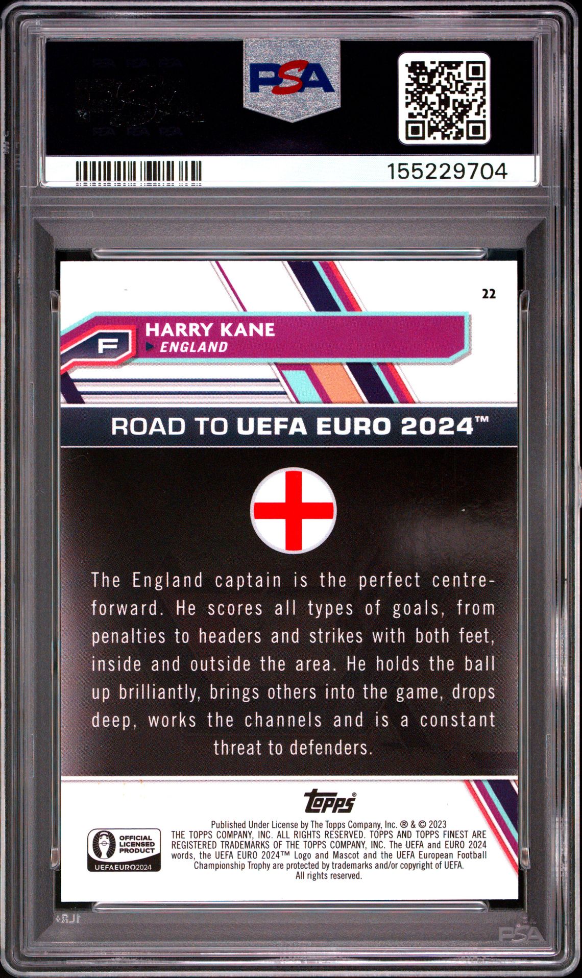 2023 Topps Finest Road To Uefa Euro 2024 Harry Kane #22 (Blue Refractor) Mint 9 back