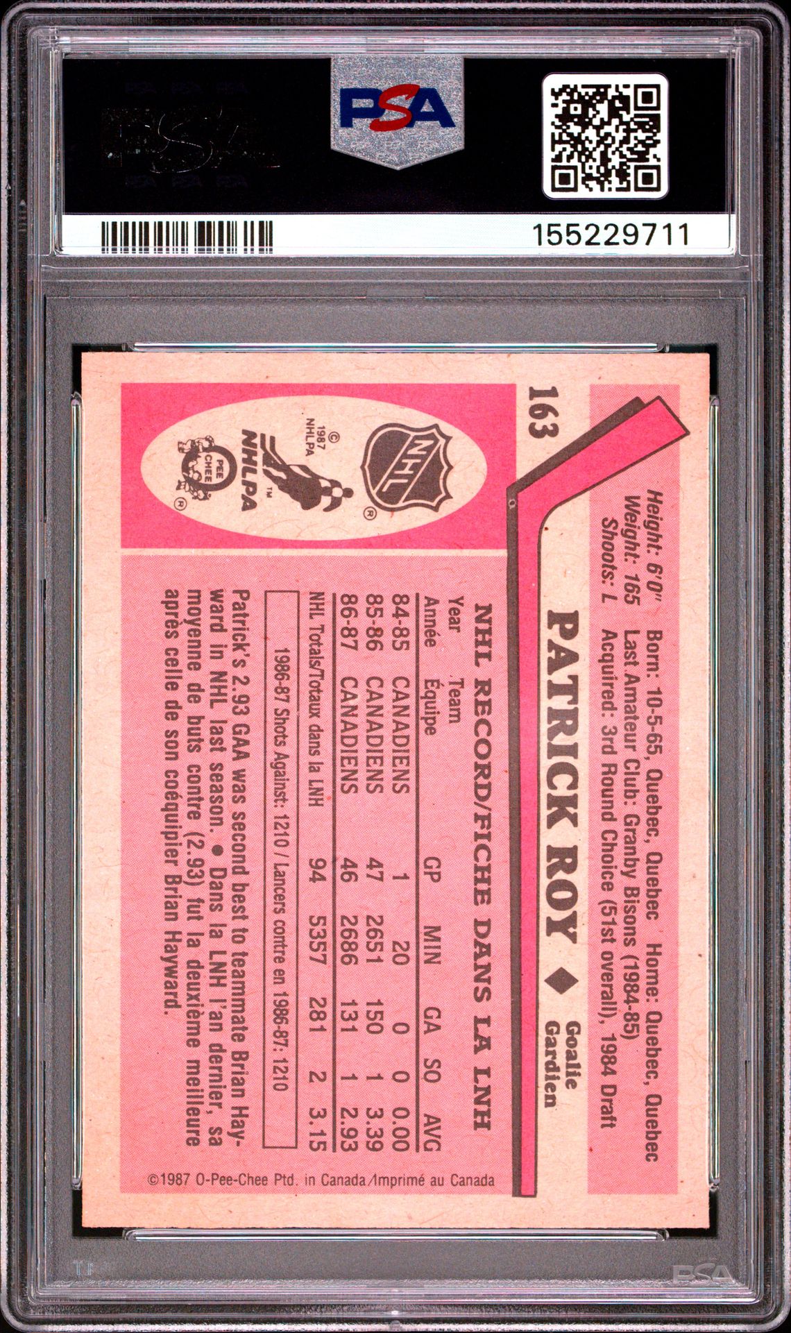 1987 O-Pee-Chee Patrick Roy #163 Nm-Mt 8 back