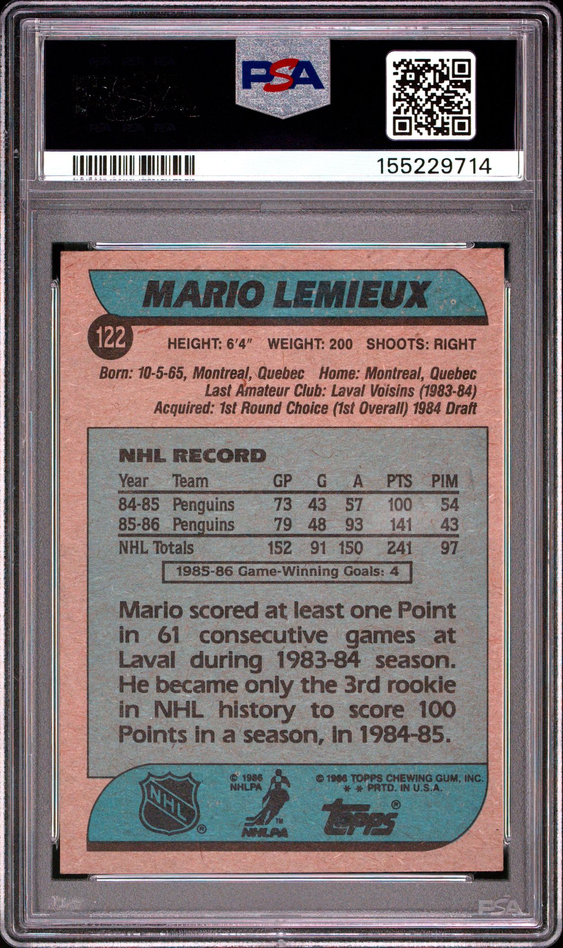 1986 Topps Mario Lemieux #122 Ex 5 back