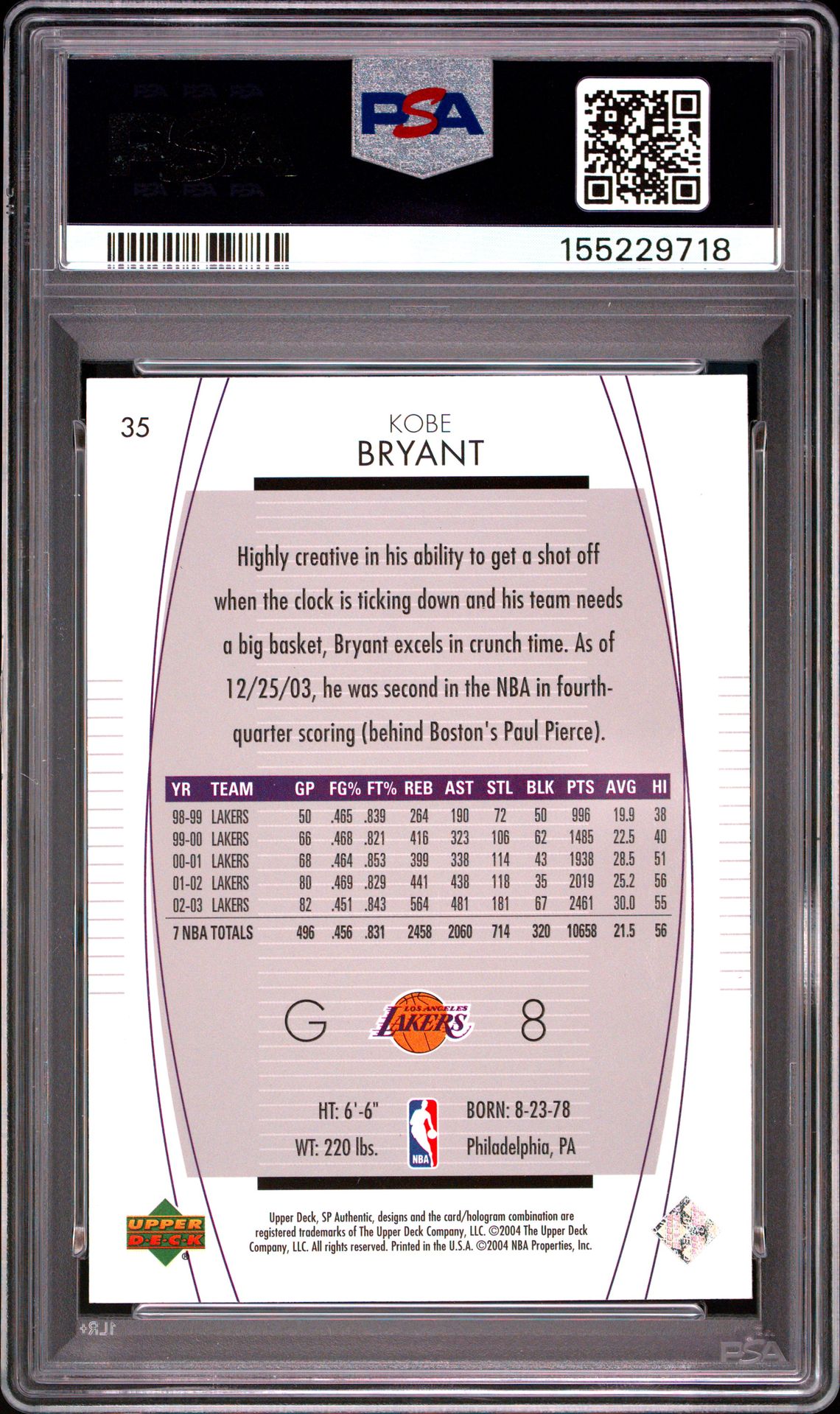 2003 Sp Authentic Kobe Bryant #35 Ex-Mt 6 back