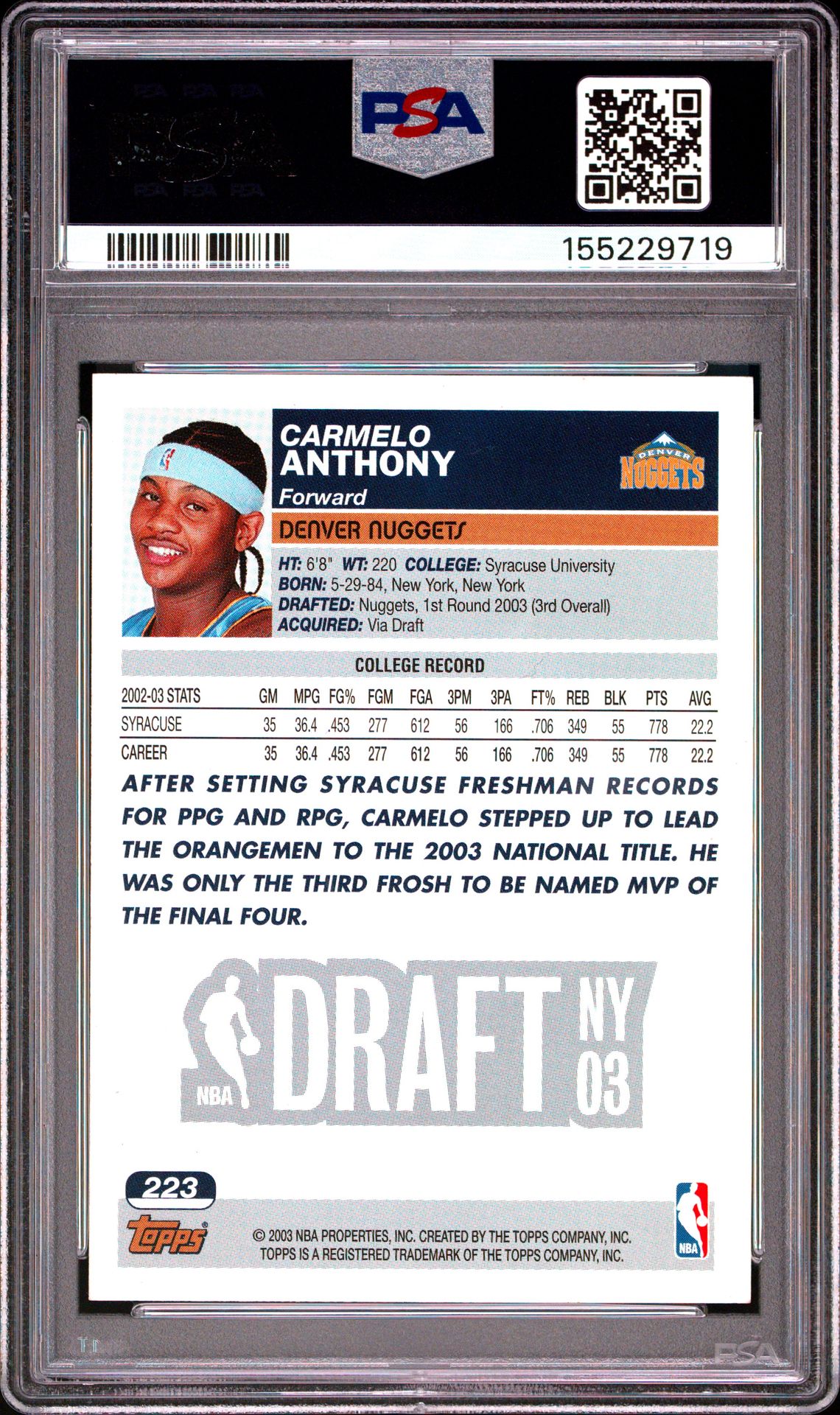 2003 Topps Carmelo Anthony #223 Ex-Mt 6 back