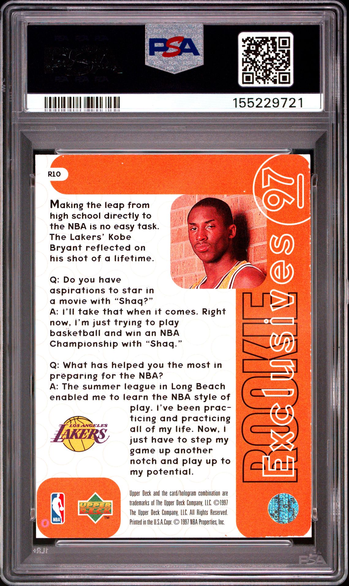 1996 Upper Deck Rookie Exclusives Kobe Bryant #R10 (Rookie Exclusives) Ex-Mt 6 back