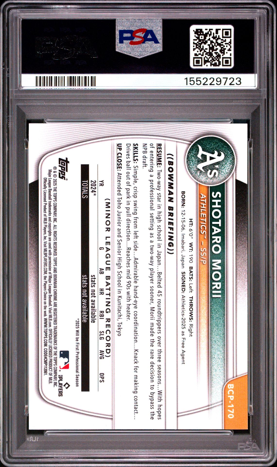 2025 Bowman Chrome Prospects Shotaro Morii #Bcp170 (Prospects-Geometric Ref) Gem Mt 10 back