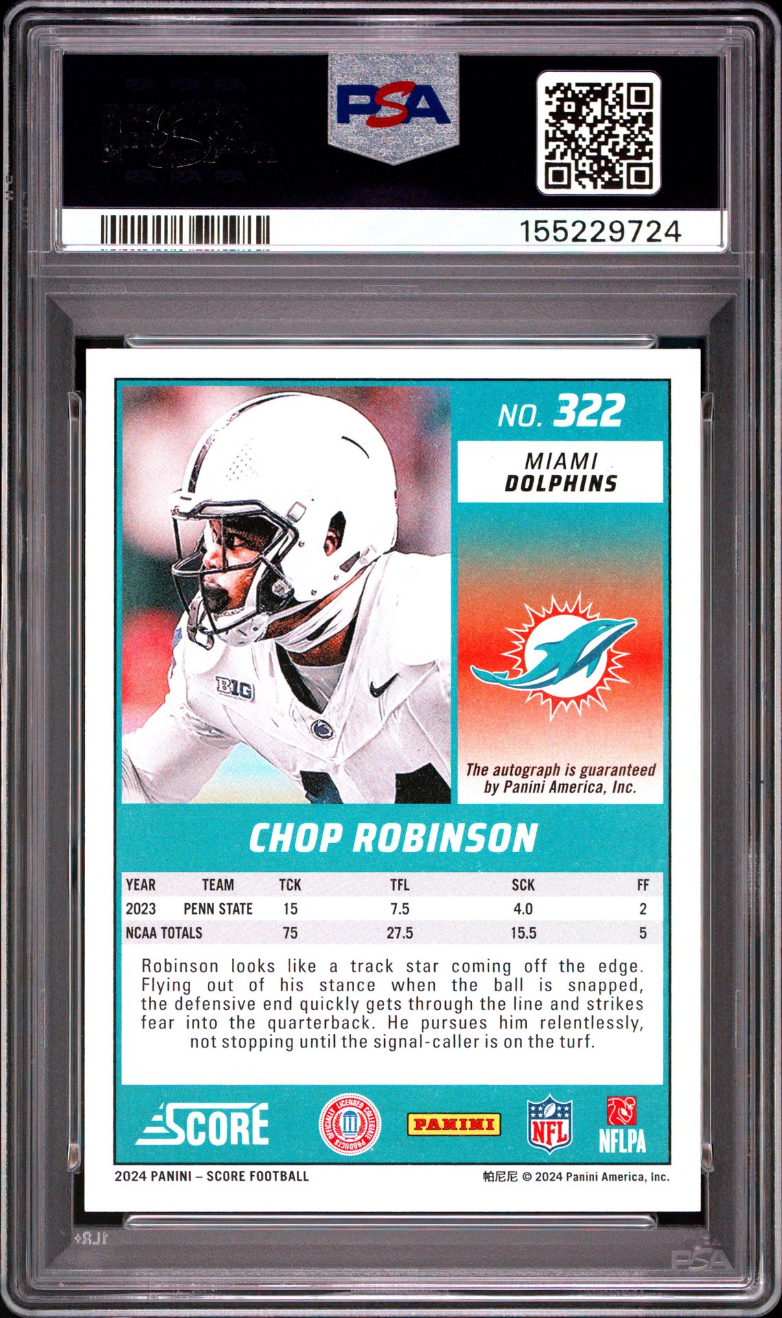 2024 Panini Score Chop Robinson #322 (Signature-Green) Ex 5 back
