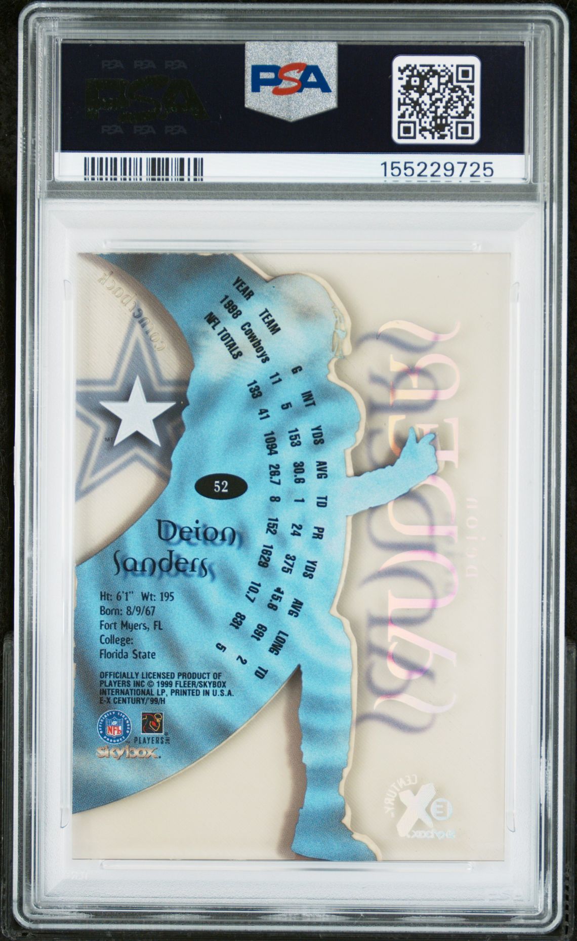 1999 Skybox E-X Century Deion Sanders #52 Nm-Mt 8 back