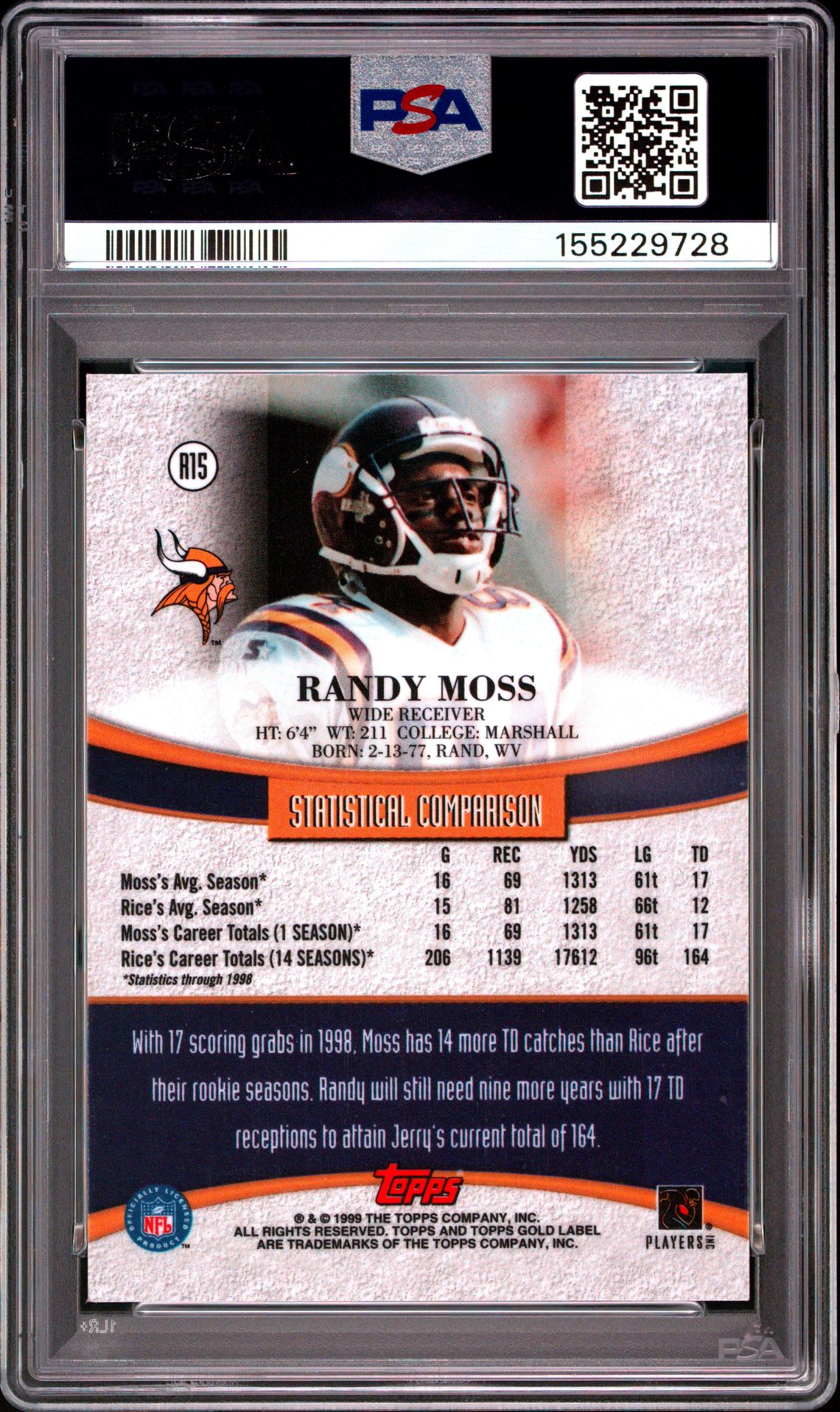 1999 Topps Gold Label Race 2 Rice Randy Moss #R15 (Race To Rice-Gold Label) Mint 9 back