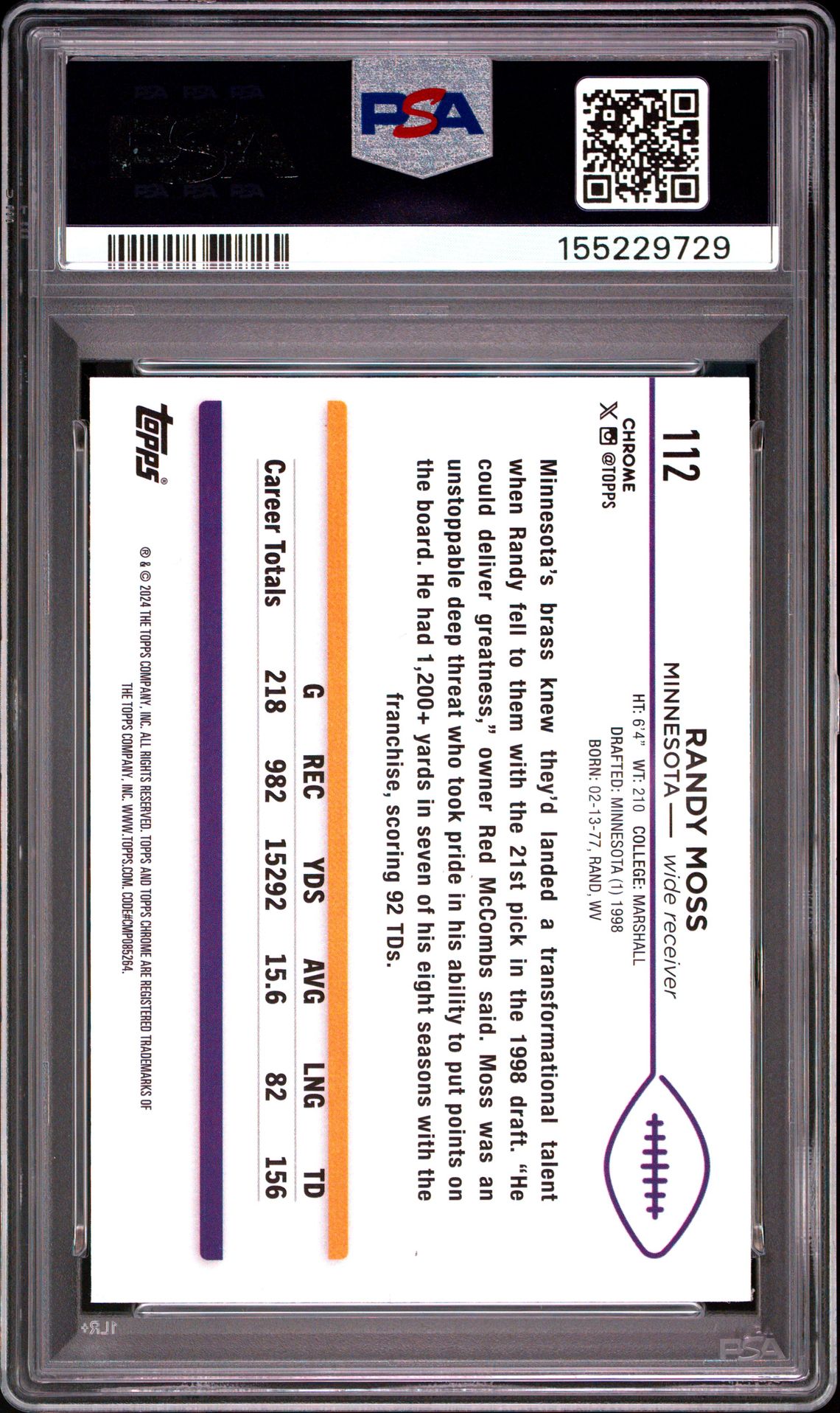 2024 Topps Chrome Randy Moss #112 (Blue Refractor) Mint 9 back