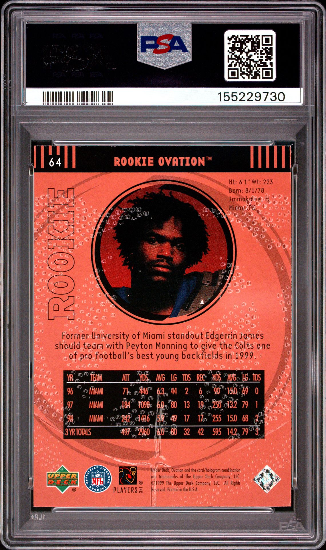 1999 Upper Deck Ovation Edgerrin James #64 Mint 9 back