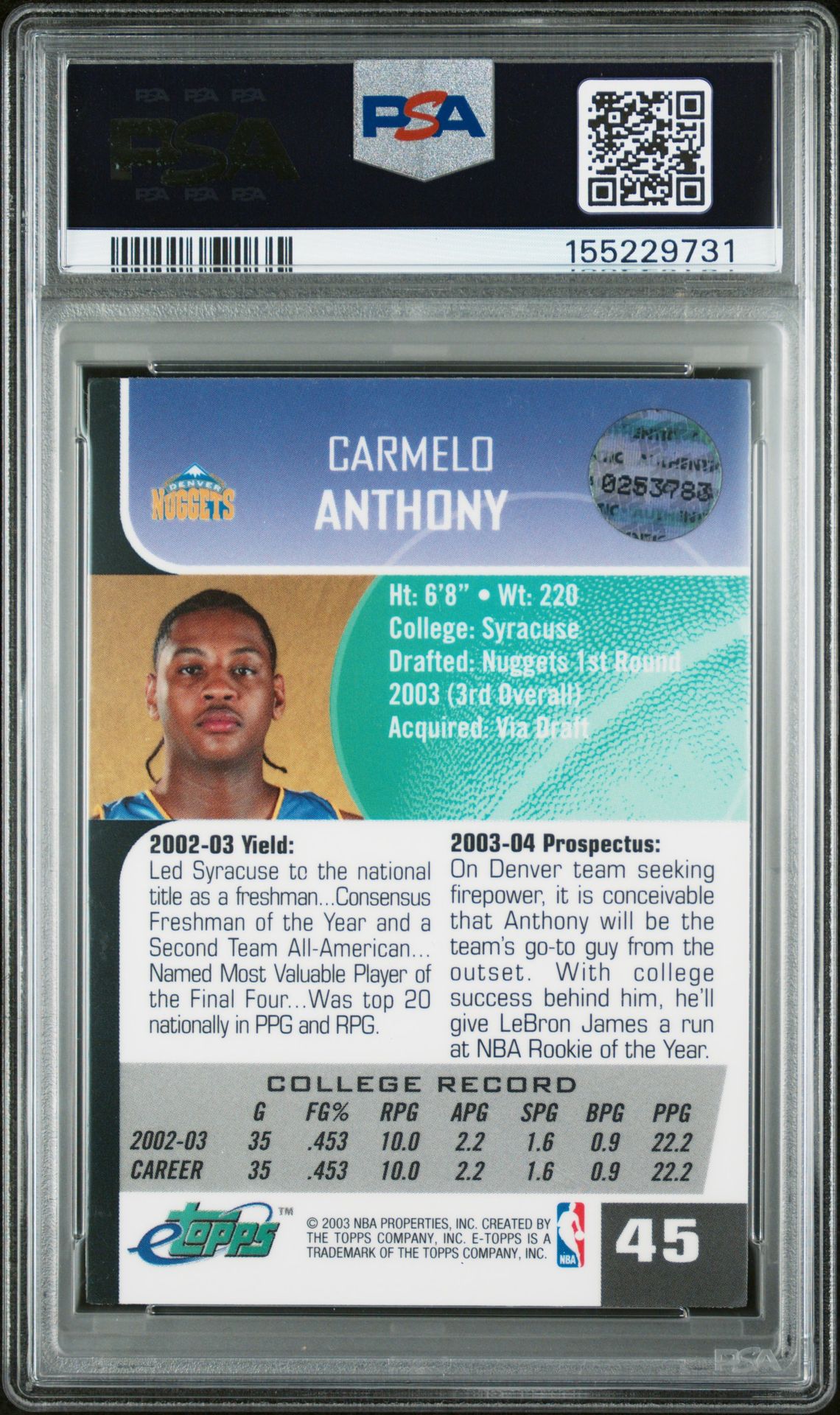 2003 Etopps Carmelo Anthony #45 Mint 9 back