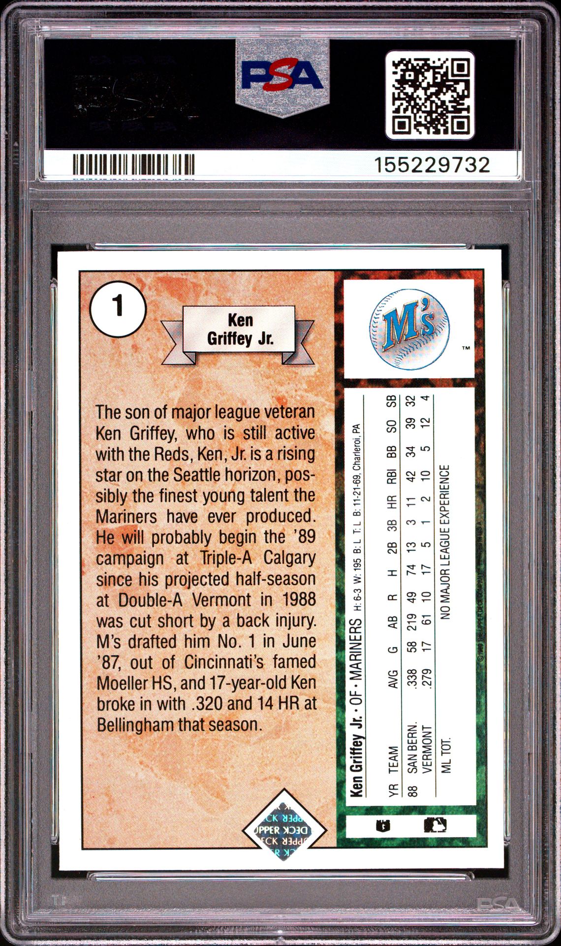 1989 Upper Deck Ken Griffey Jr. #1 (Star Rookie) Ex-Mt 6 back