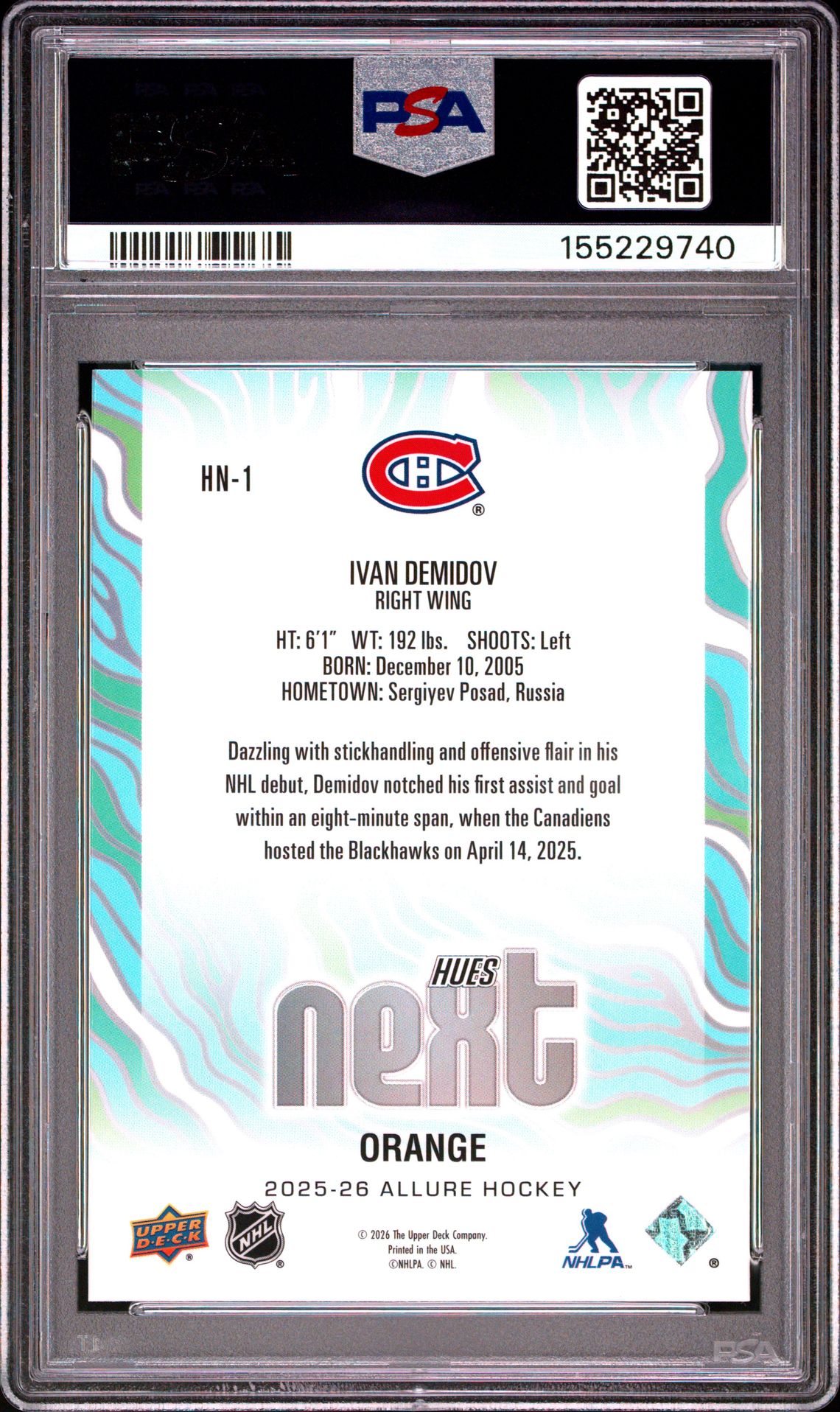 2025 Upper Deck Allure Hues Next Ivan Demidov #Hn-1 (Hues Next-Orange) Gem Mt 10 back view - PSA certificate #155229740