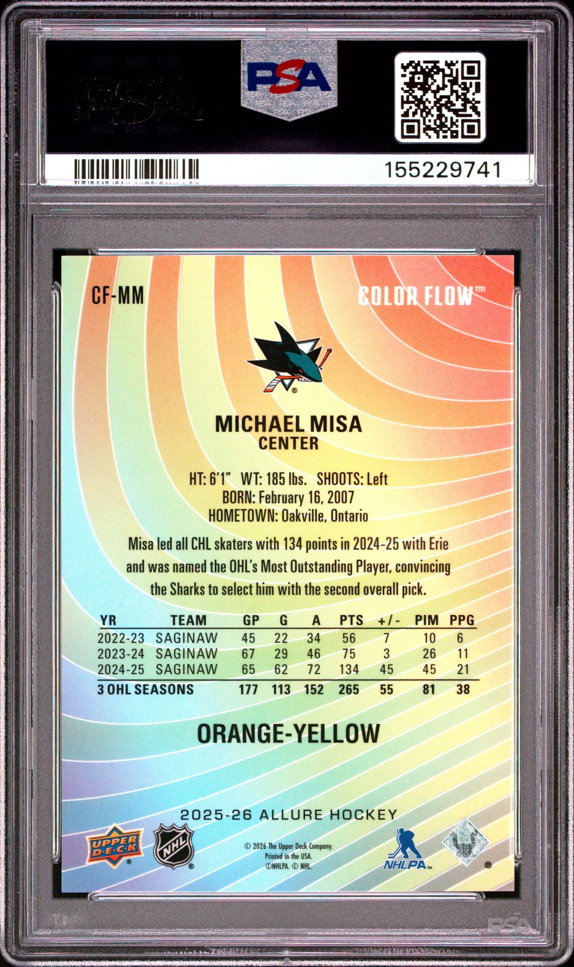 2025 Upper Deck Allure Color Flow Michael Misa #Cf-Mm (Color Flow-Orange-Yellow) Gem Mt 10 back view - PSA certificate #155229741