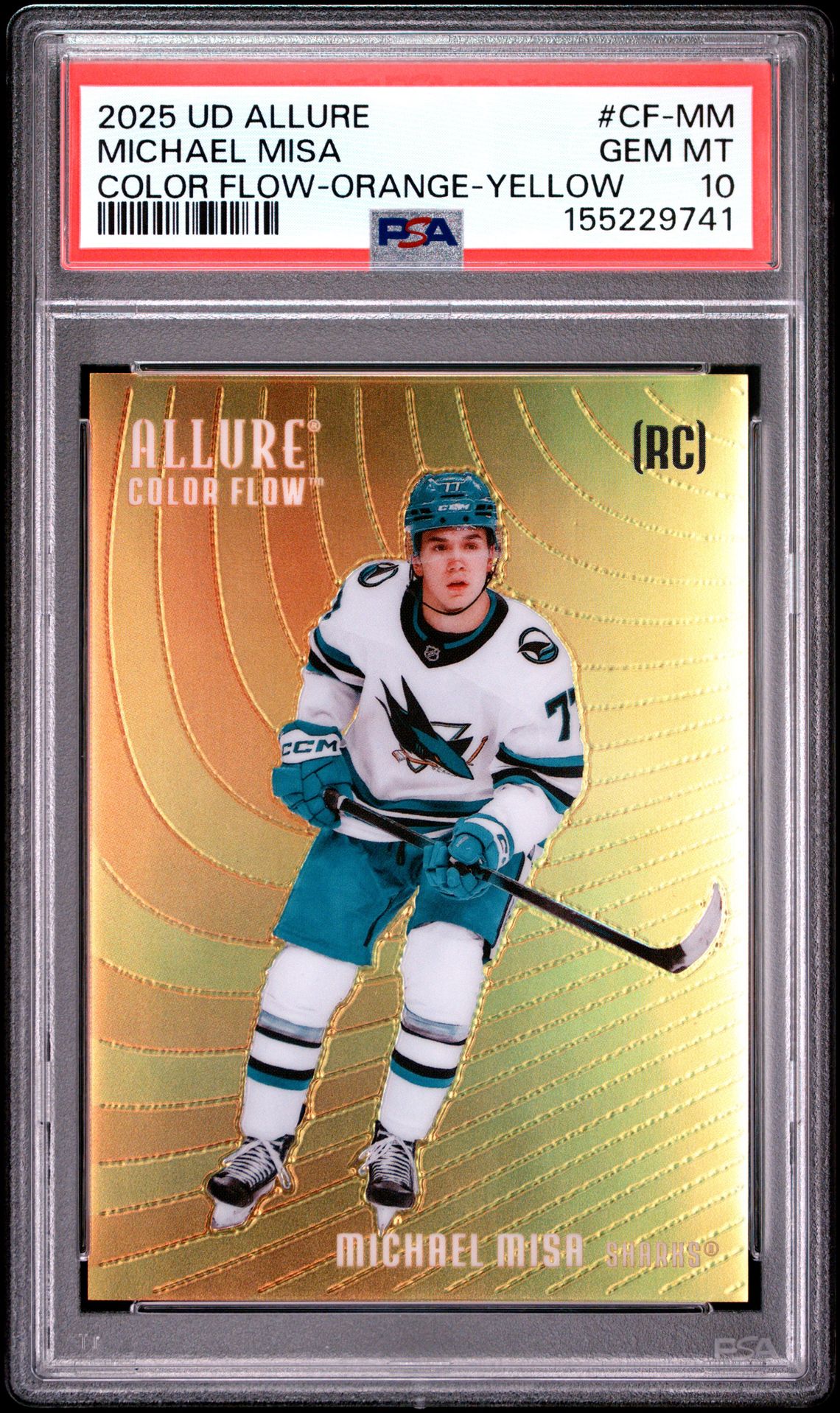 2025 Upper Deck Allure Color Flow Michael Misa #Cf-Mm (Color Flow-Orange-Yellow) Gem Mt 10 front view - PSA graded GEM MT 10