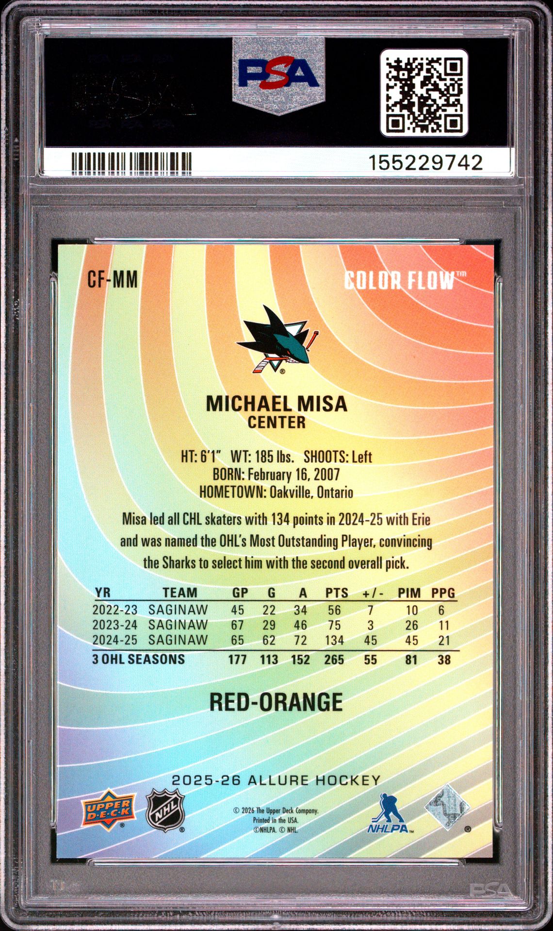 2025 Upper Deck Allure Color Flow Michael Misa #Cf-Mm (Color Flow-Red-Orange) Gem Mt 10 back
