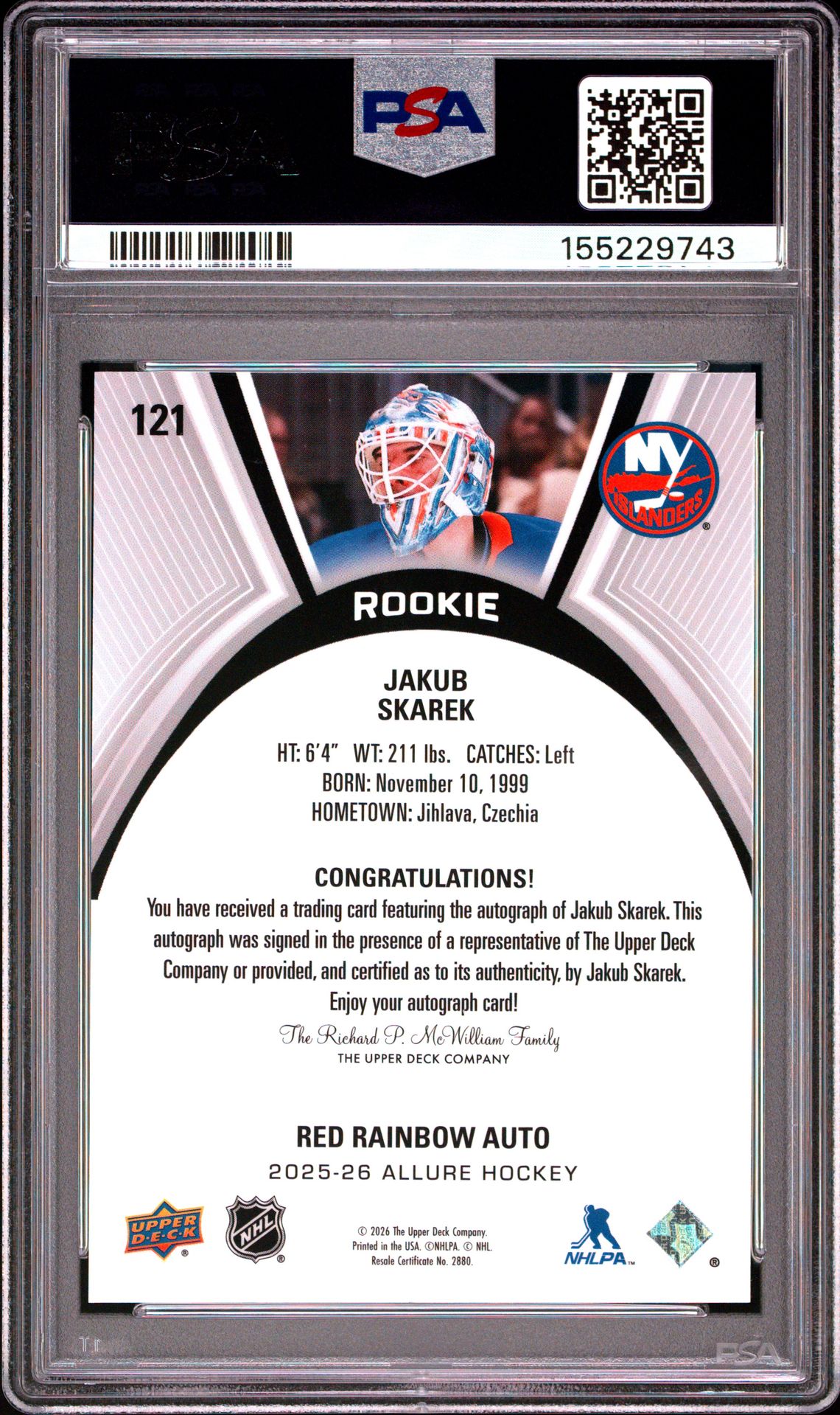 2025 Upper Deck Allure Jakub Skarek #121 (Autograph-Red Rainbow) Gem Mt 10 back view - PSA certificate #155229743