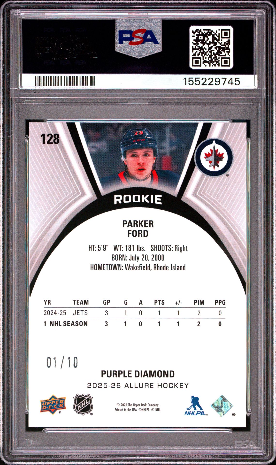 2025 Upper Deck Allure Parker Ford #128 (Purple Diamond) Gem Mt 10 back view - PSA certificate #155229745